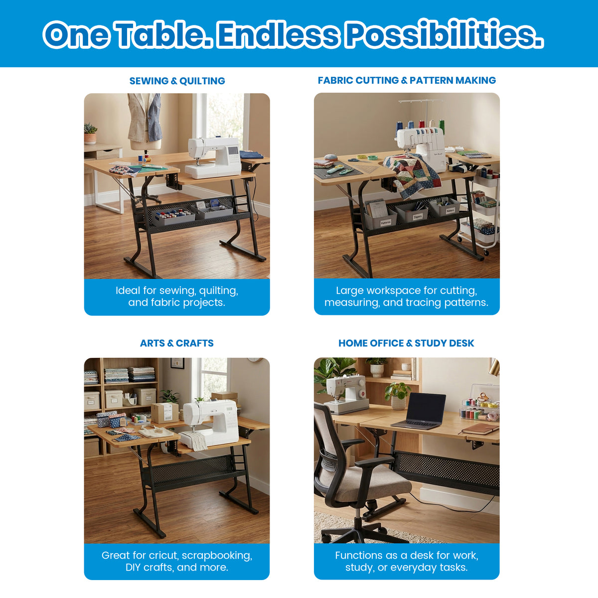 Sew Ready Eclipse Hobby Sewing Table with Storage Drawer and Shelves, Maple