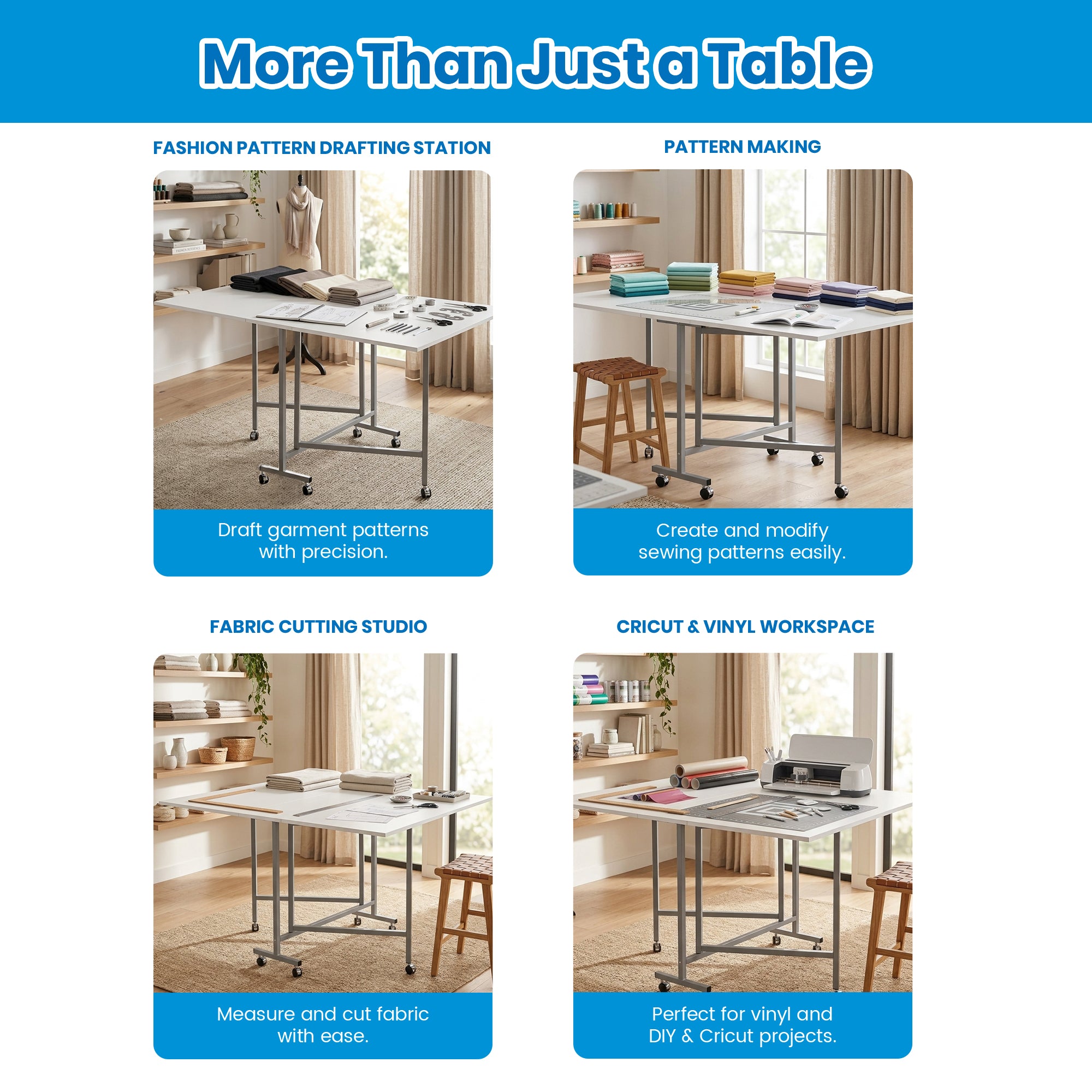 Sew Ready Folding Craft and Cutting Standing Table with Wheels, Silver/White