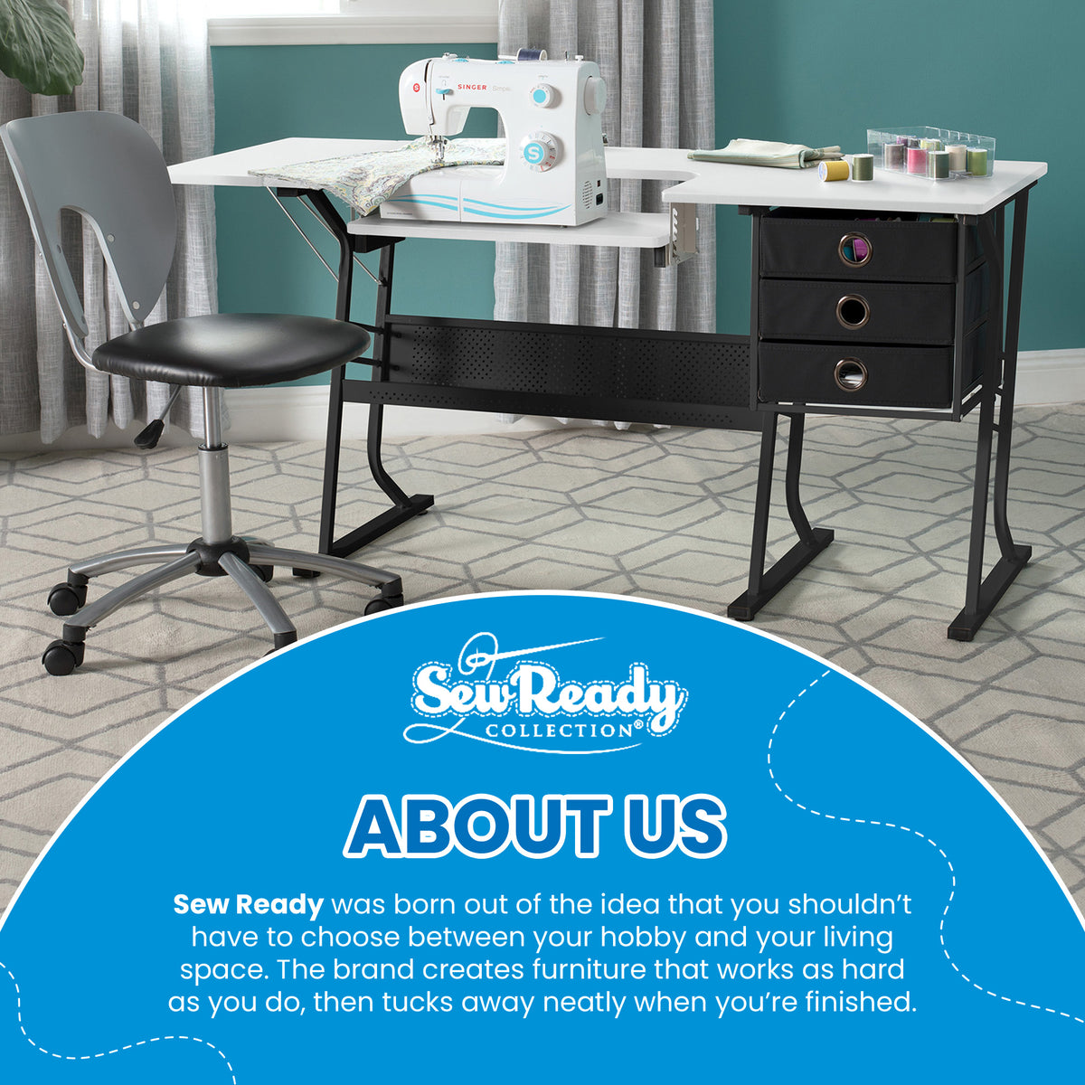 Sew Ready Eclipse Hobby Sewing Table with Storage Drawer and Shelves, Black