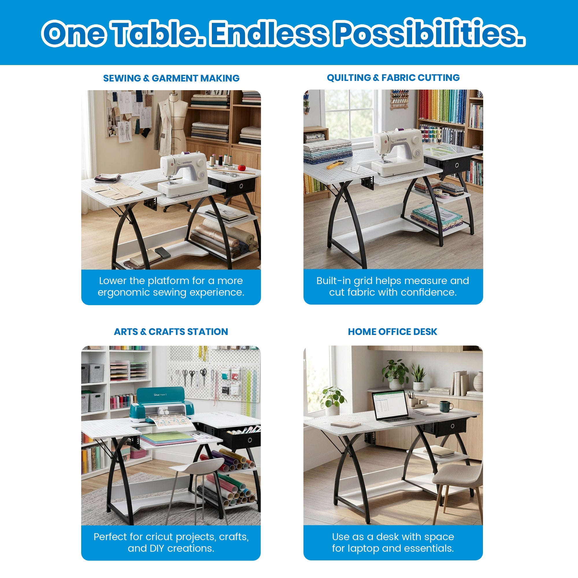 Sew Ready Comet Plus Craft Sewing Table with Accurate Fabric Cutting Grid-Top
