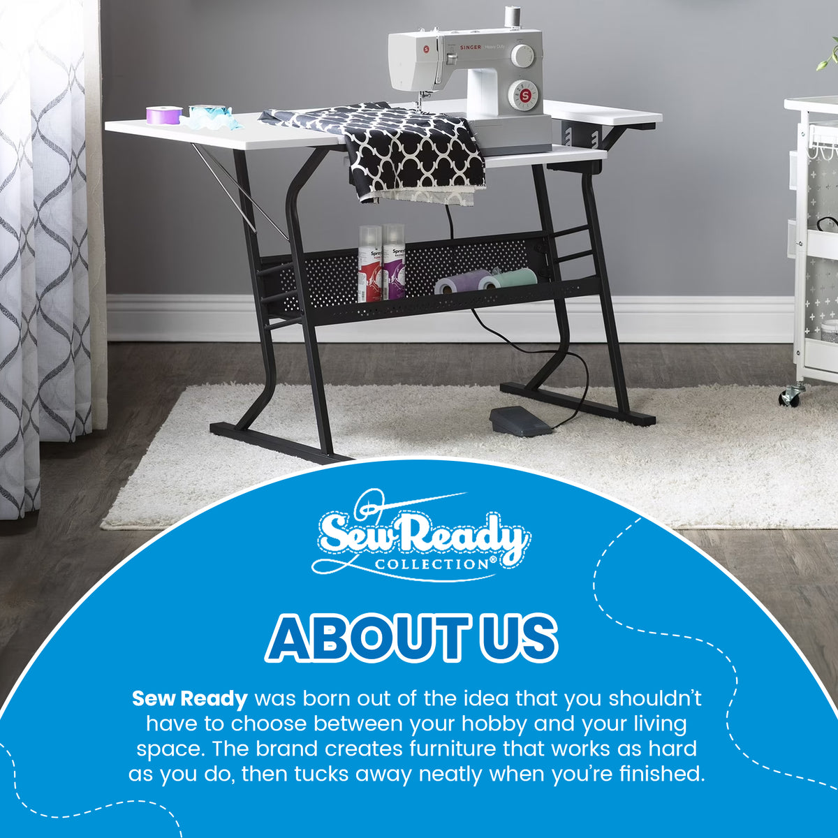 Sew Ready Eclipse Hobby Sewing Table with Storage Drawer and Shelves, Black