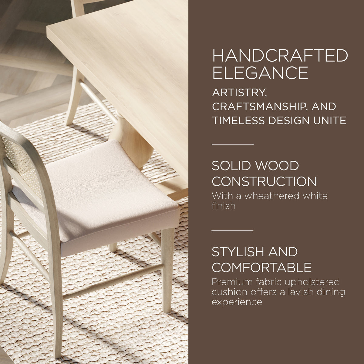 Maven Lane Vera Wood Dining Chair, Antique White & Cream Weave Fabric, Set of 2 - VMInnovations