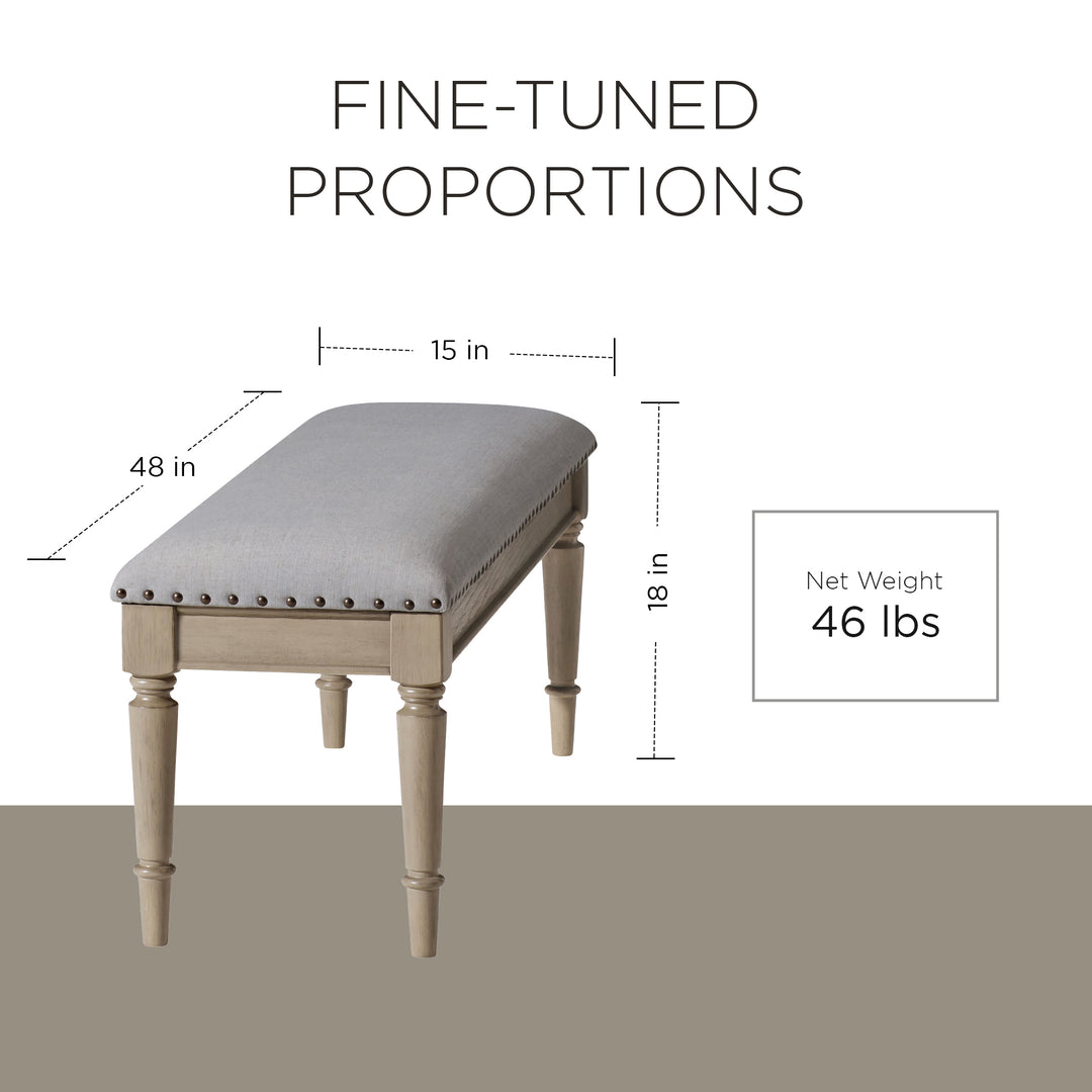Maven Lane Elizabeth Traditional Upholstered Wooden Bench, Antiqued Grey Finish - VMInnovations