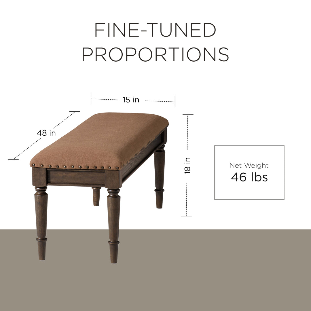 Maven Lane Elizabeth Traditional Upholstered Wooden Bench, Antiqued Brown Finish - VMInnovations