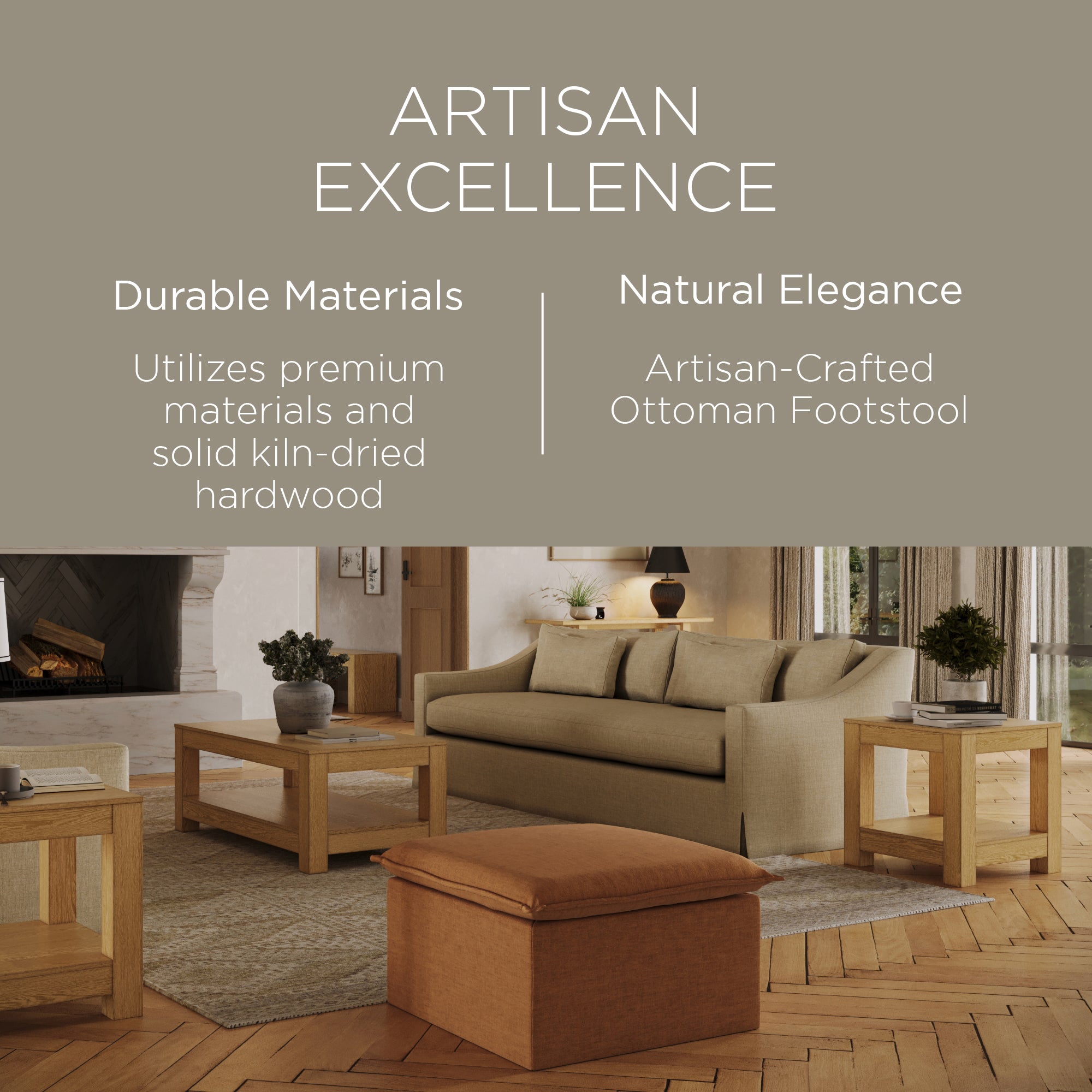 Maven Lane Claude Rustic Ottoman in Clay Fabric Upholstery - VMInnovations