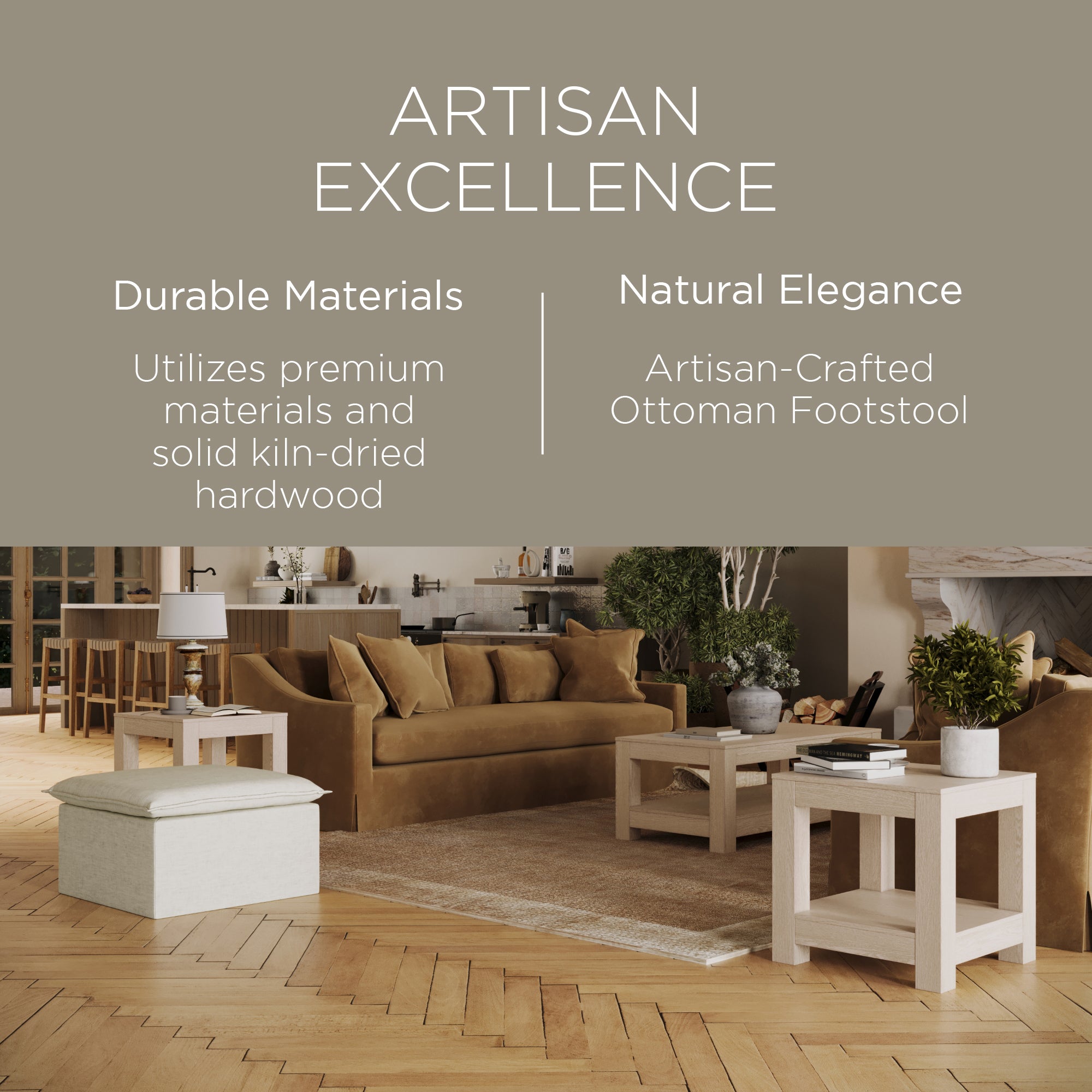 Maven Lane Claude Rustic Ottoman in Dove Fabric Upholstery (Used) - VMInnovations
