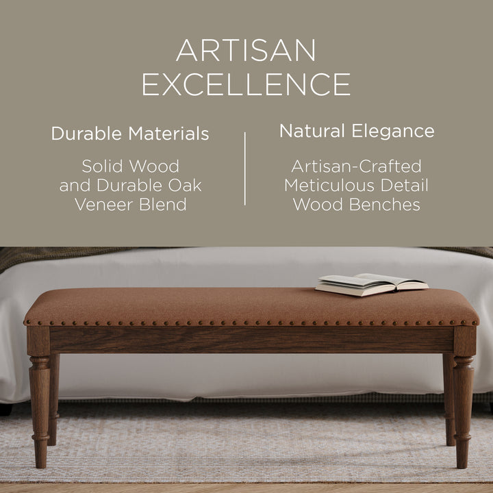 Maven Lane Elizabeth Traditional Upholstered Wooden Bench, Antiqued Brown Finish - VMInnovations