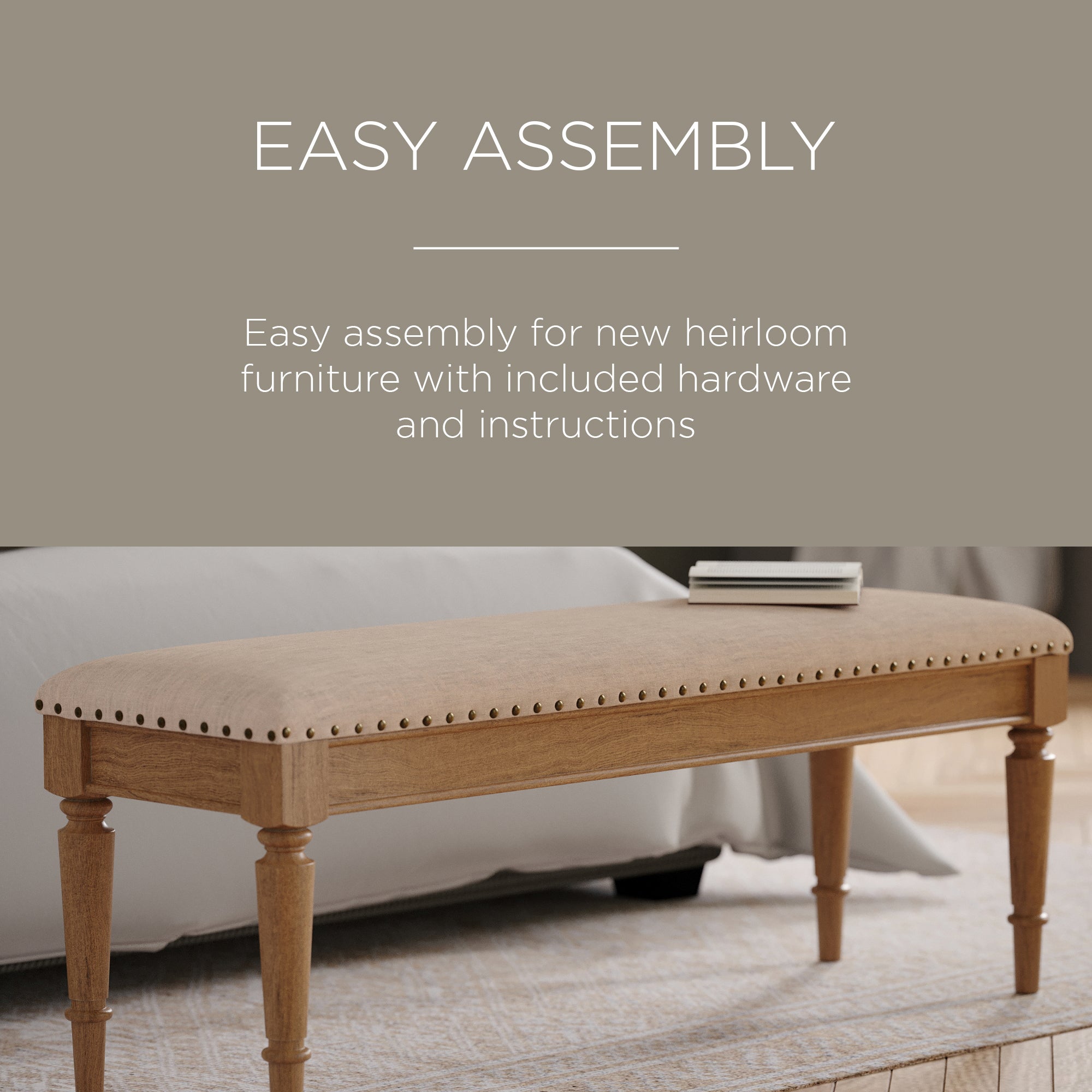 Maven Lane Traditional Upholstered Wood Bench, Antiqued Finish (Open Box) - VMInnovations