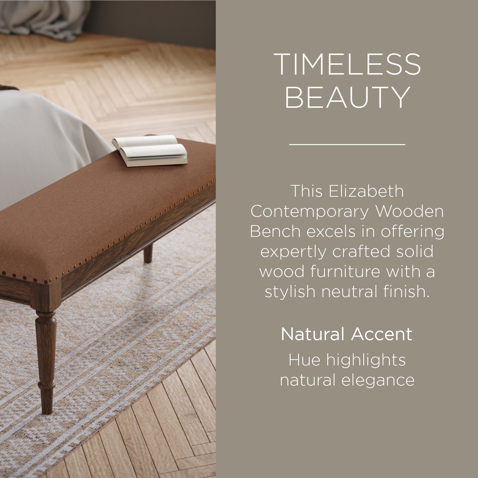 Maven Lane Elizabeth Traditional Upholstered Wooden Bench, Antiqued Brown Finish - VMInnovations