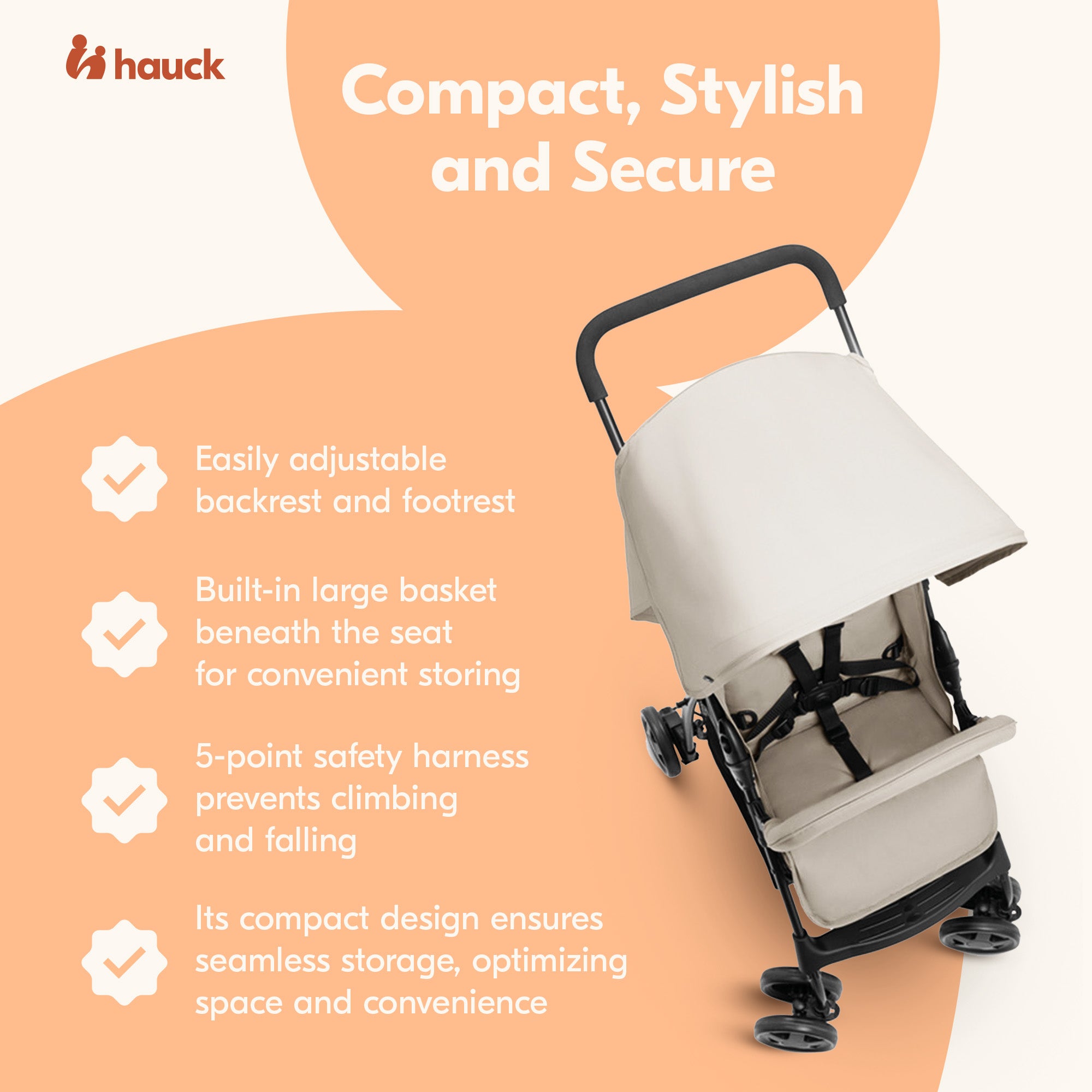 hauck Sport T13 Lightweight Compact and Foldable Stroller, Push Chair, Beige - VMInnovations