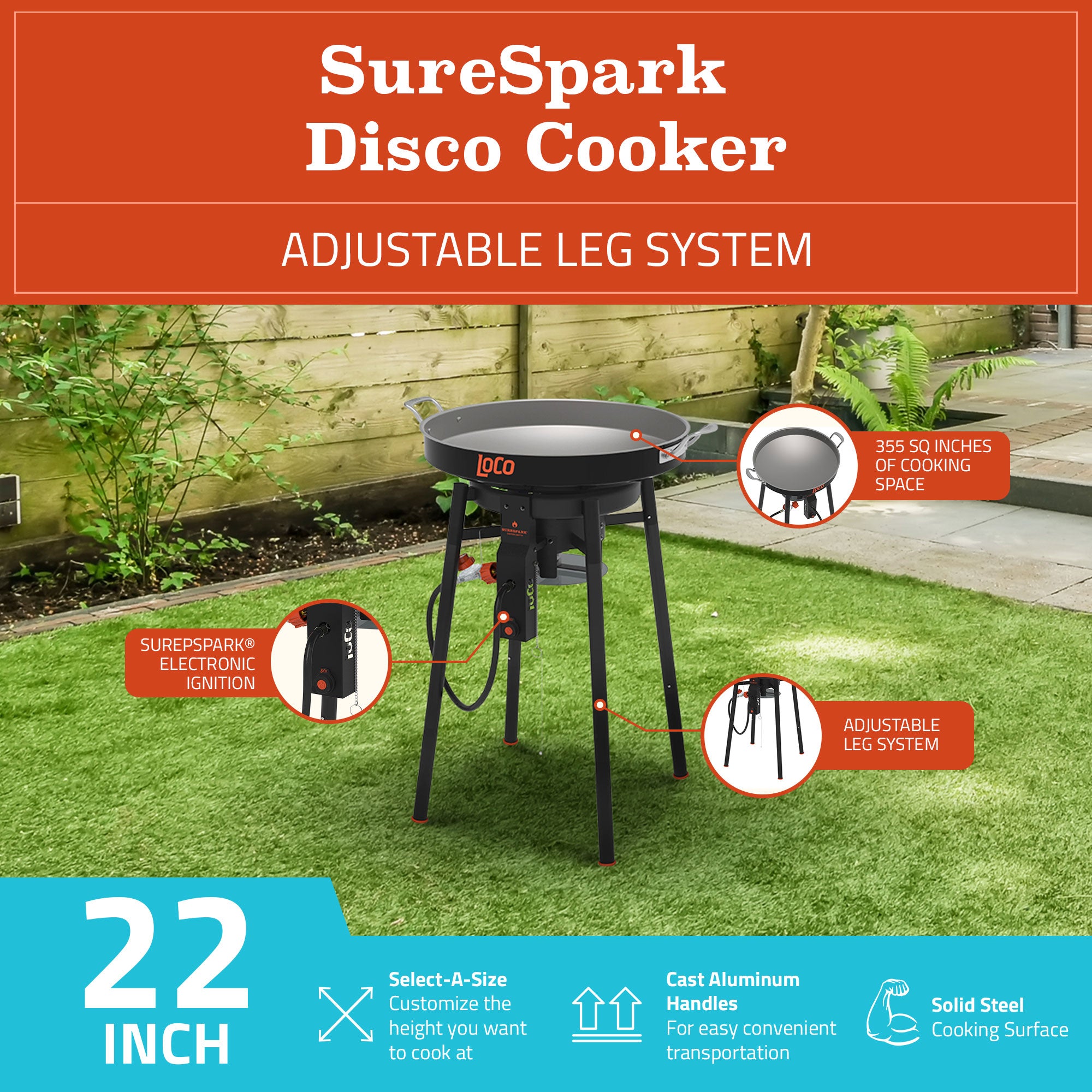 LoCo Cookers 22 Inch SureSpark Disco Cooker with Interchangeable Leg System - VMInnovations