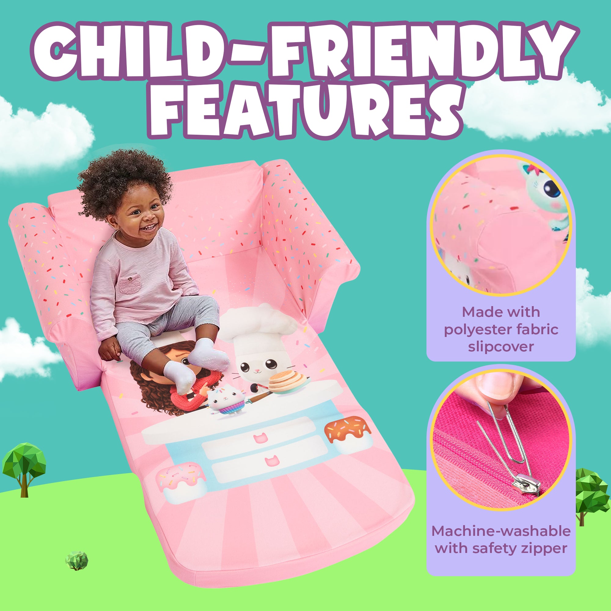 Marshmallow Furniture Kids 2-in-1 Flip Open Foam Sofa Bed, Gabby's Dollhouse - VMInnovations