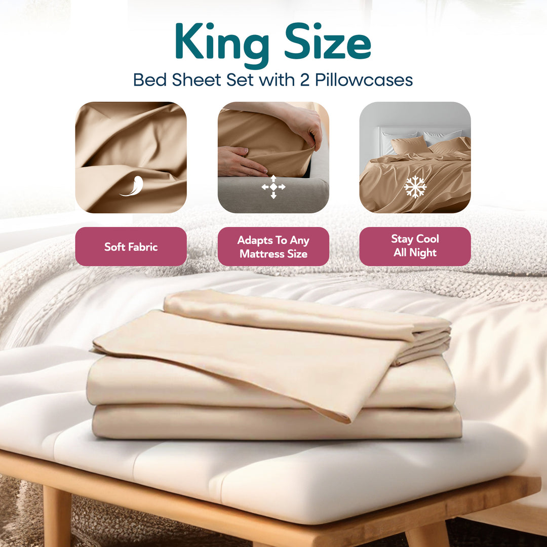 Sleepgram Viscose from Bamboo King Bed Sheet Set with 2 Pillowcases, Sand - VMInnovations