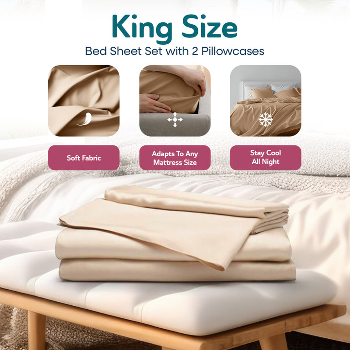 Sleepgram Viscose from Bamboo King Bed Sheet Set with 2 Pillowcases, Sand - VMInnovations