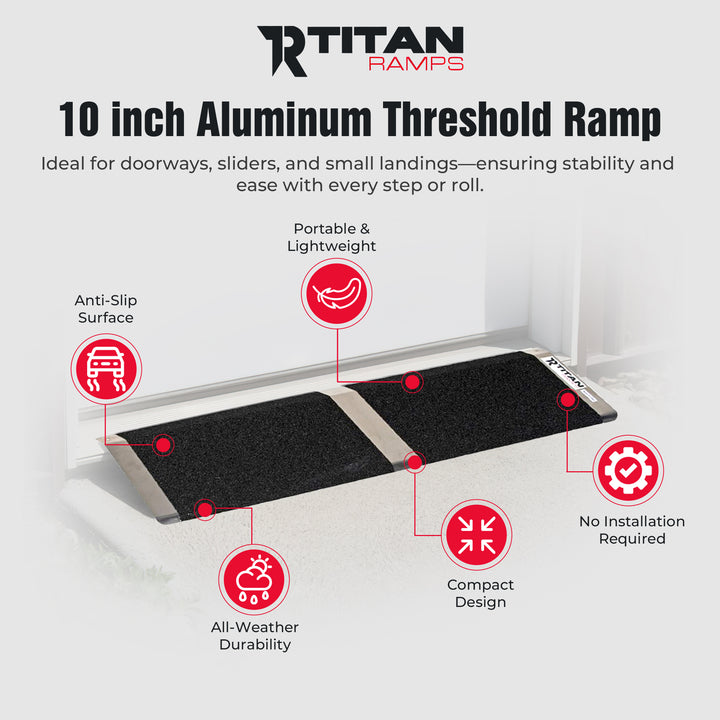 Titan Ramps 10 Inch Aluminum Threshold Ramp for Doorways, or Raised Landings