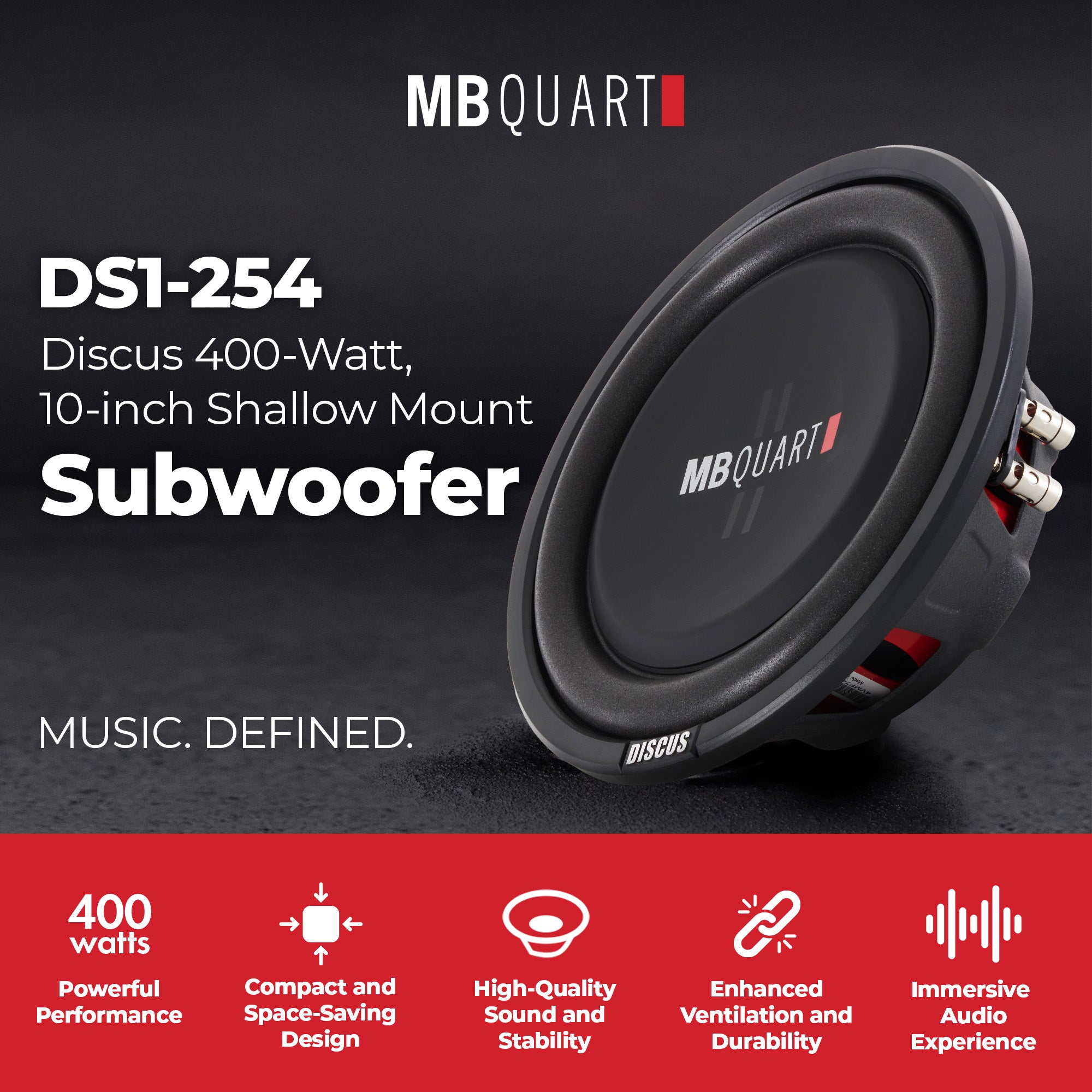 MB Quart DS1-254 200 Watt 4 Ohm 10 Inch Shallow Slim Subwoofer for Vehicles - VMInnovations