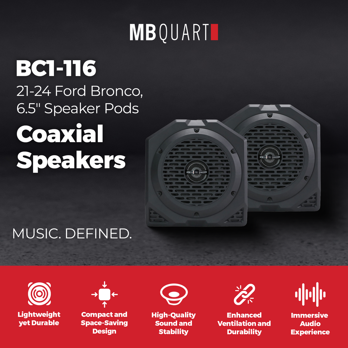 MB Quart Rear Coaxial Speakers Upgrade for 21-24 Ford Bronco, 6.5" Speaker Pods