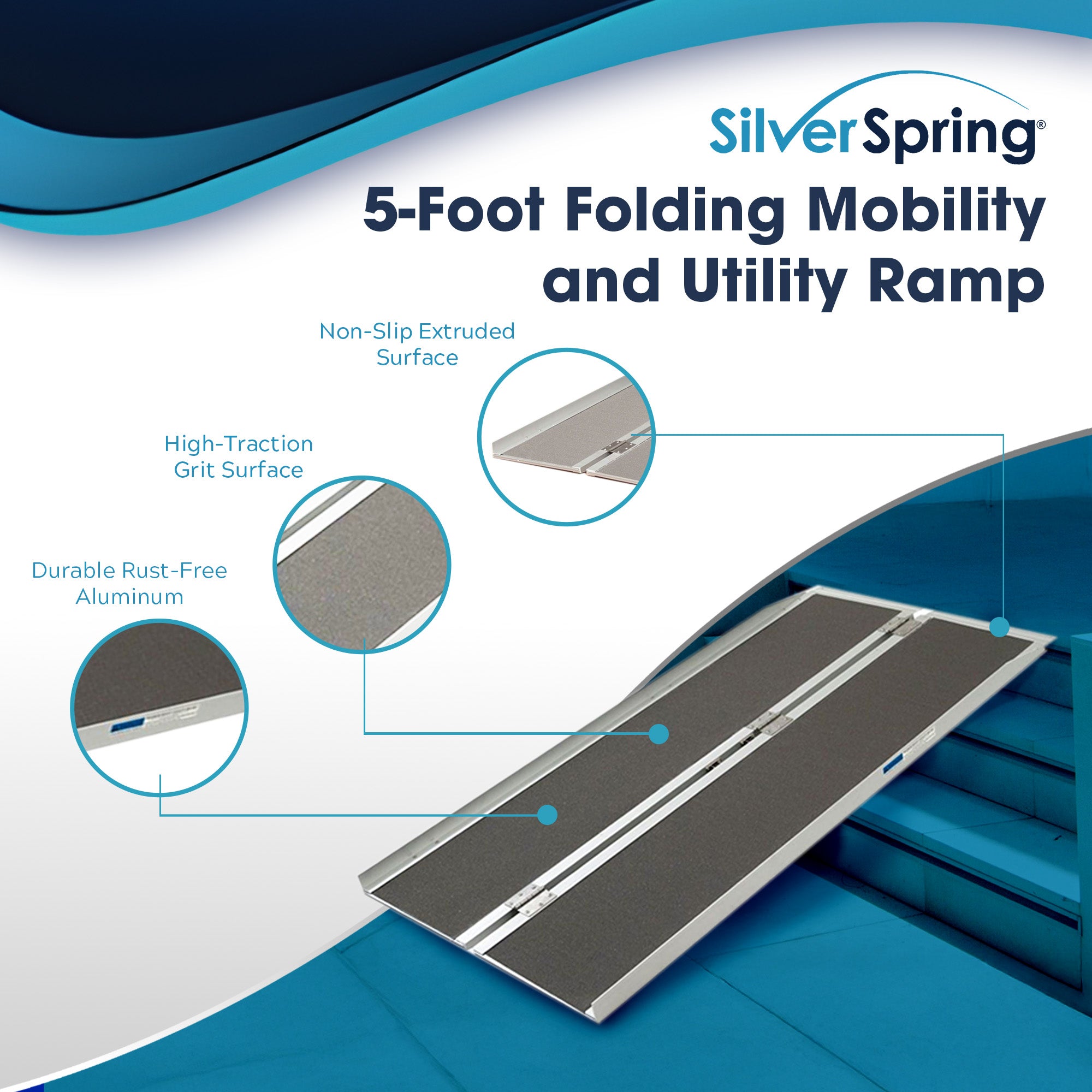 Silver Spring Mobility and Utility Ramp, 5 Foot Single Fold with Grit Surface