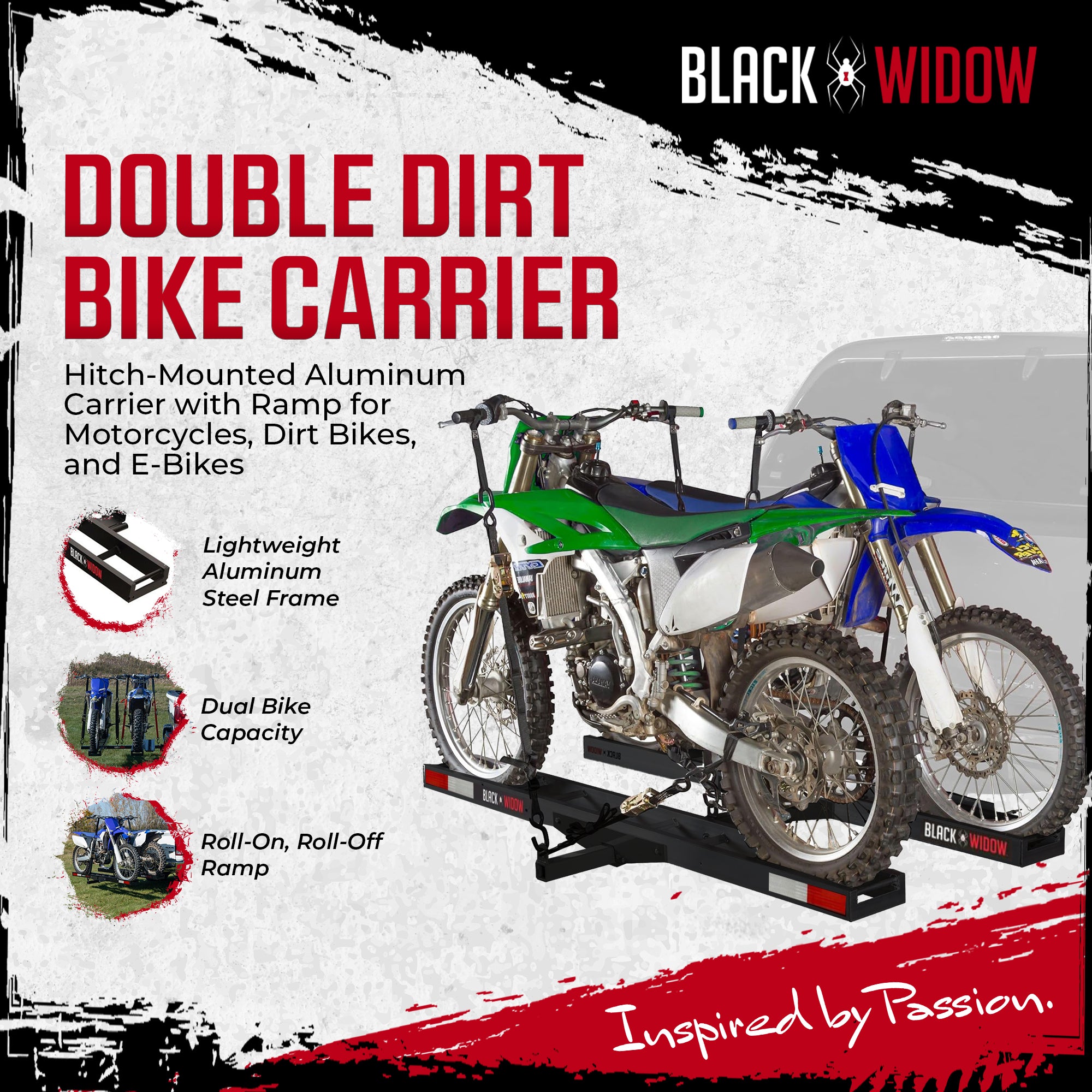Black Widow Pro Double Dirt Bike Carrier with Ramp for 2" Hitch, 600 lb Capacity