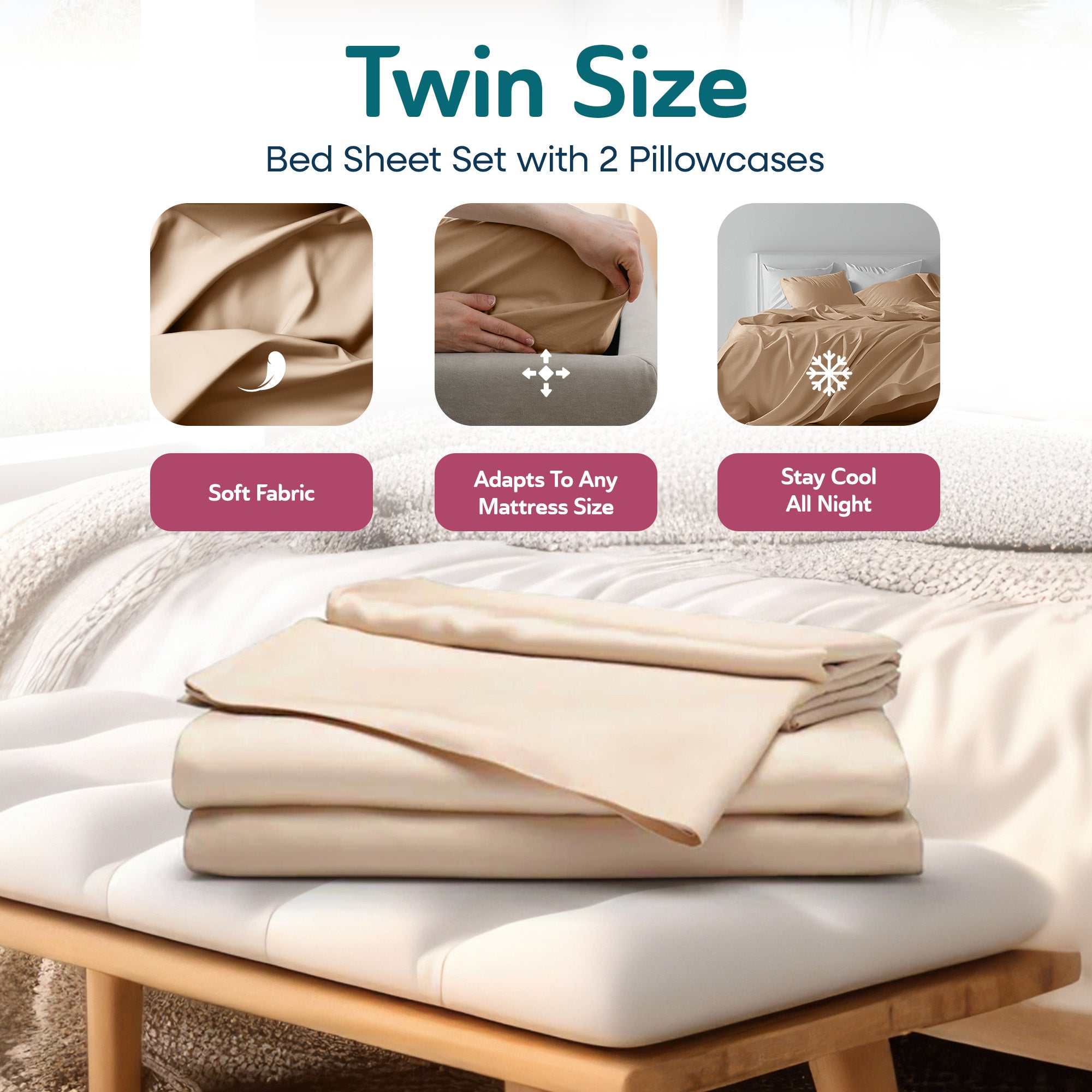Sleepgram Bamboo Bed Sheet Set - 100% Viscose from Bamboo Sheet Set - Breathable, Cooling, and Eco Friendly - 4 Pieces (Twin, Sand) - VMInnovations