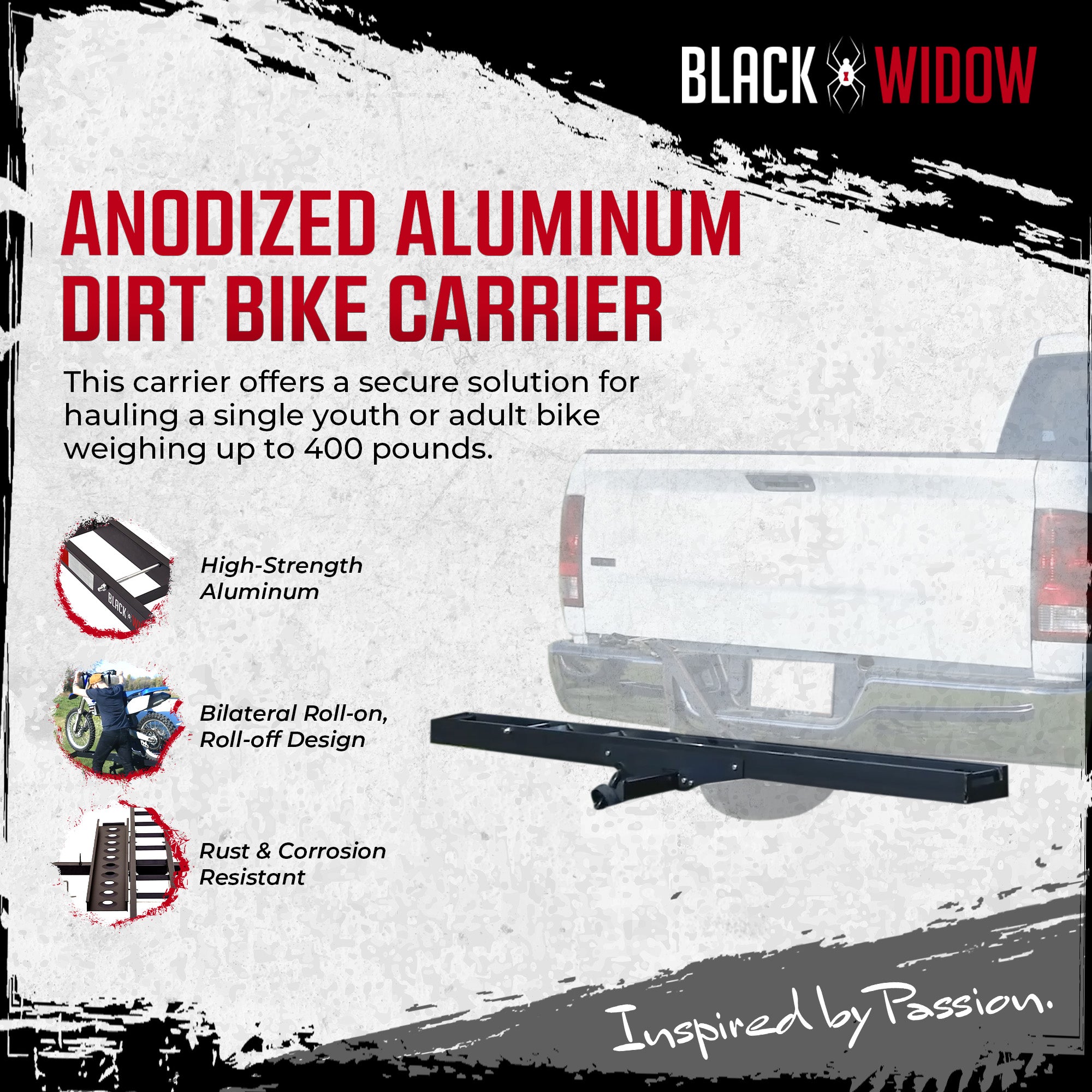 Black Widow Pro Anodized Aluminum Dirt Bike Carrier, 400 lbs Cap, Black (Used)