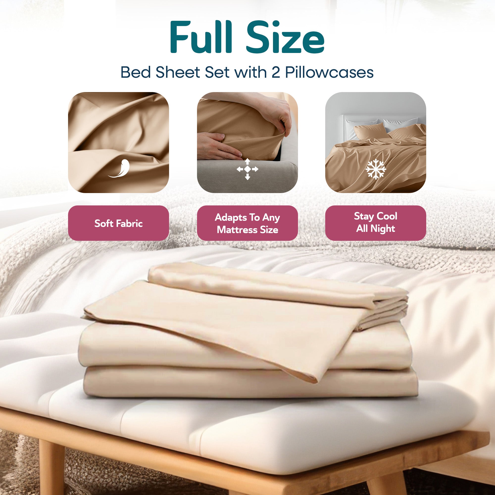 Sleepgram Viscose from Bamboo Full Bed Sheet Set with 2 Pillowcases, Sand - VMInnovations