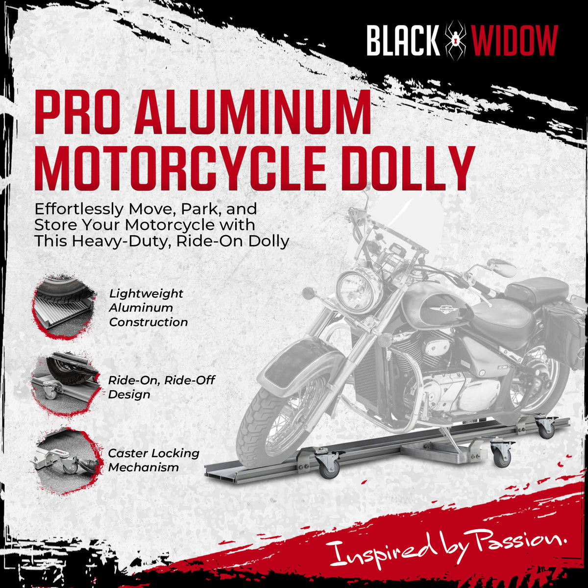 Black Widow Motorcycle Dolly, Fully Adjustable Kickstand lock Casters (Open Box)