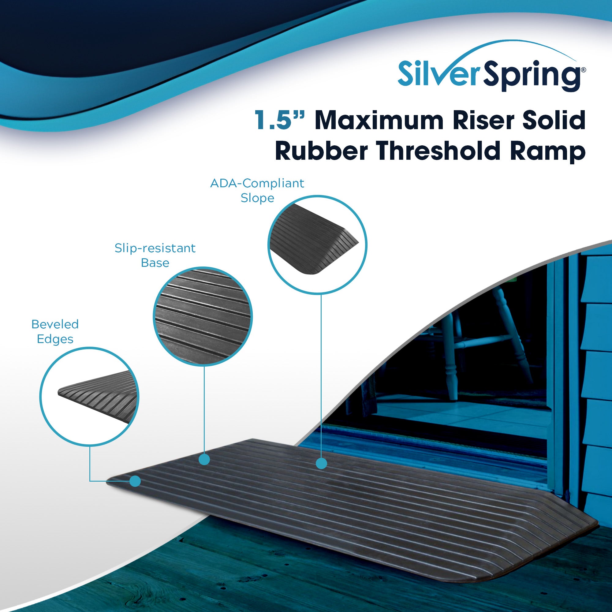 Silver Spring Rubber Threshold Ramp for Wheelchairs, Scooters & More, 1.5" Rise