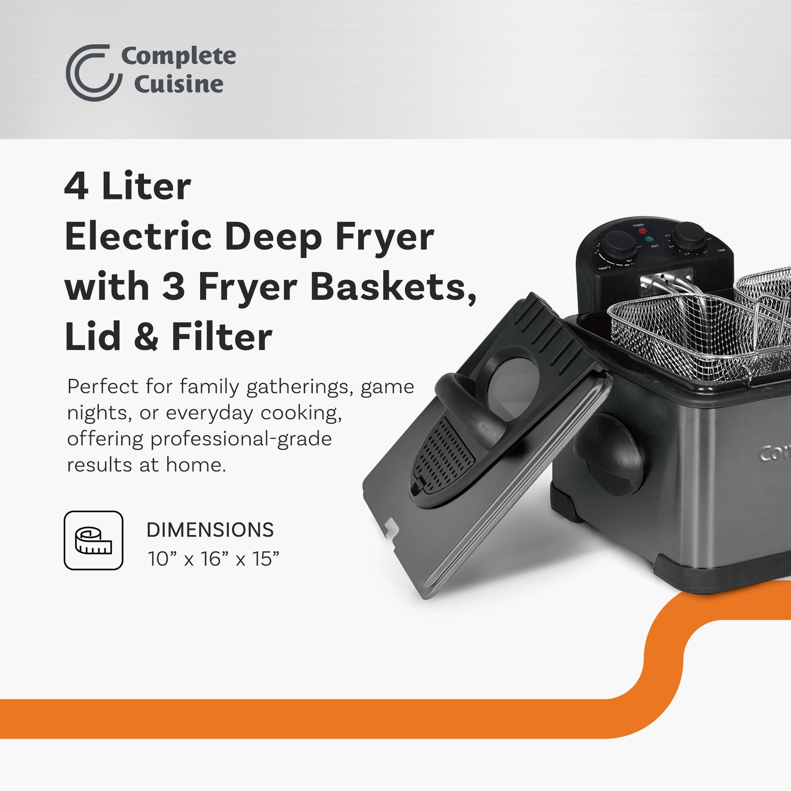 Complete Cuisine 4 Liter Electric Deep Fryer with 3 Fryer Baskets, Lid & Filter - VMInnovations