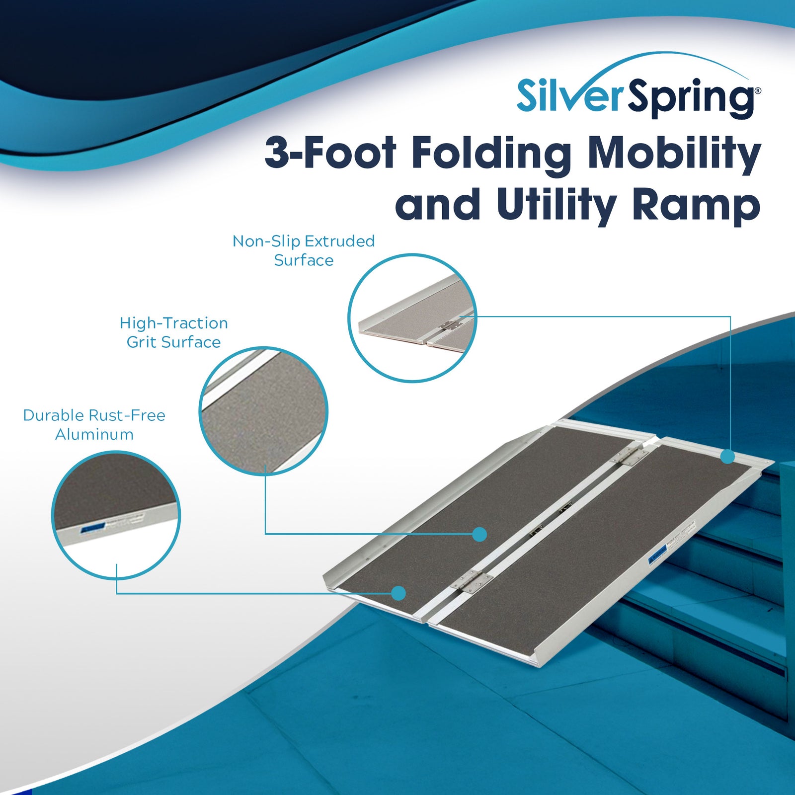 Silver Spring Mobility and Utility Ramp, 3 Foot Single Fold with Grit Surface - VMInnovations