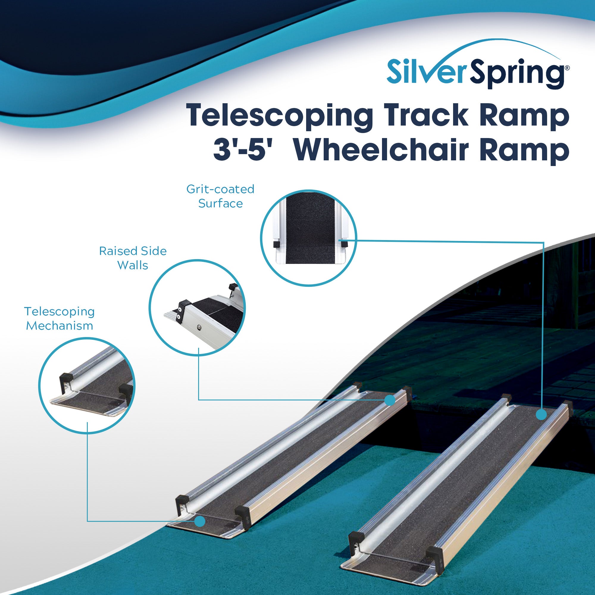 Silver Spring Telescoping Track Ramp, 3'-5' Portable Adjustable Wheelchair Ramp - VMInnovations