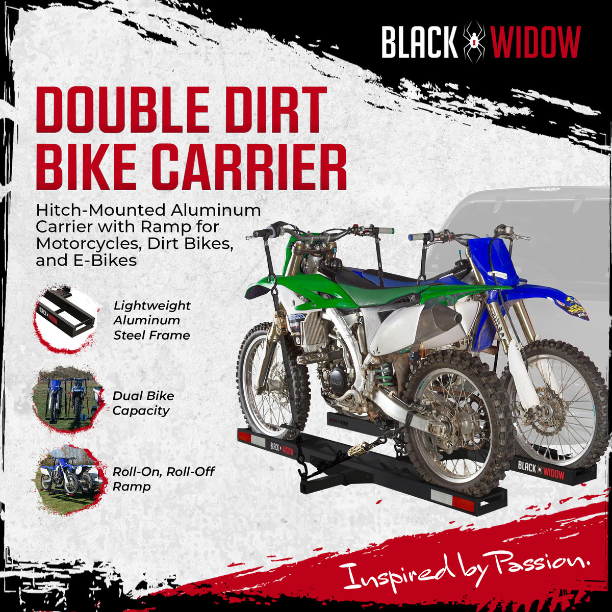 Black Widow Pro Double Dirt Bike Carrier with Ramp for 2" Hitch, 600lb(Open Box)