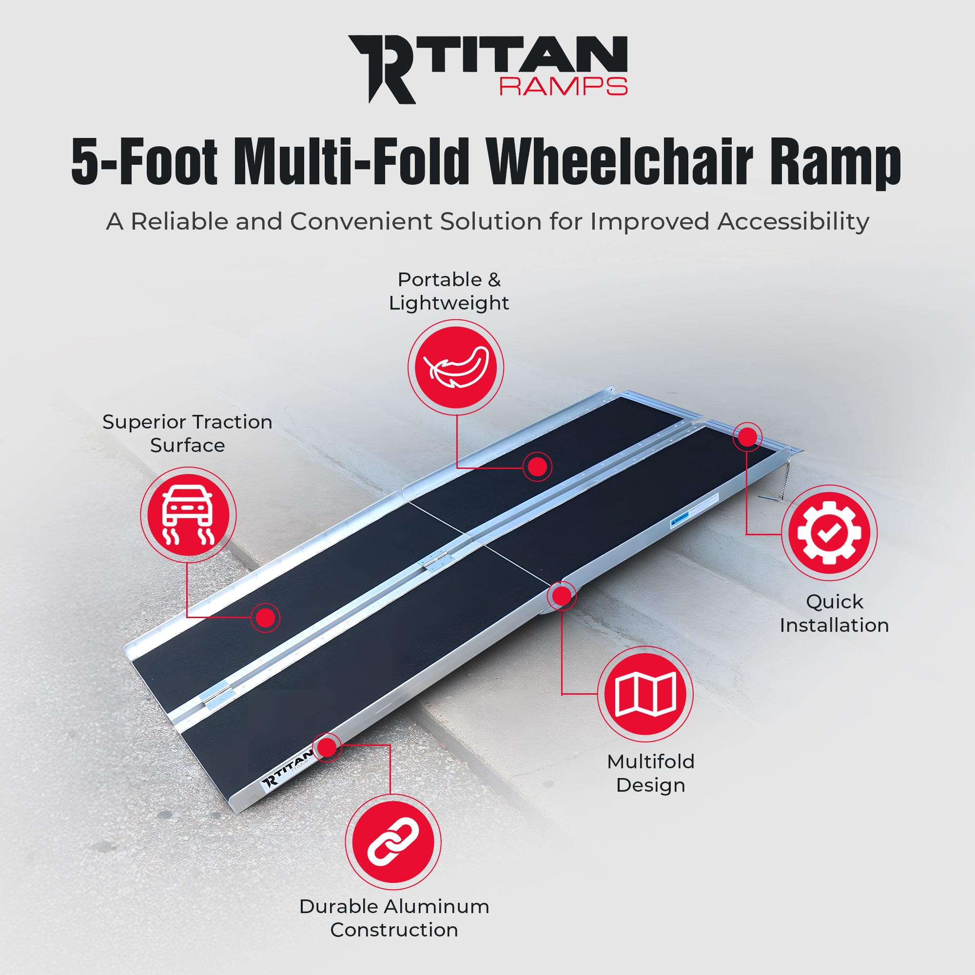 Titan Ramps 5 Foot Multi-Fold Grip Aluminum Wheelchair Ramp, 600 Pound Capacity