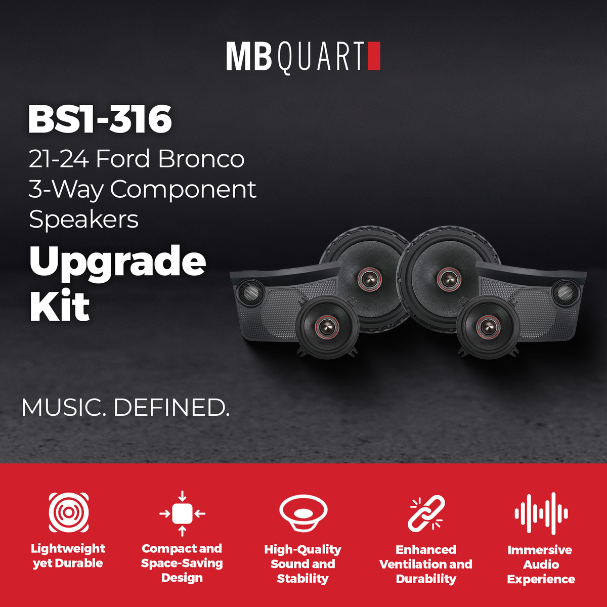 MB Quart Front Dash 3-Way Component Speakers Upgrade Kit for 21-24 Ford Bronco
