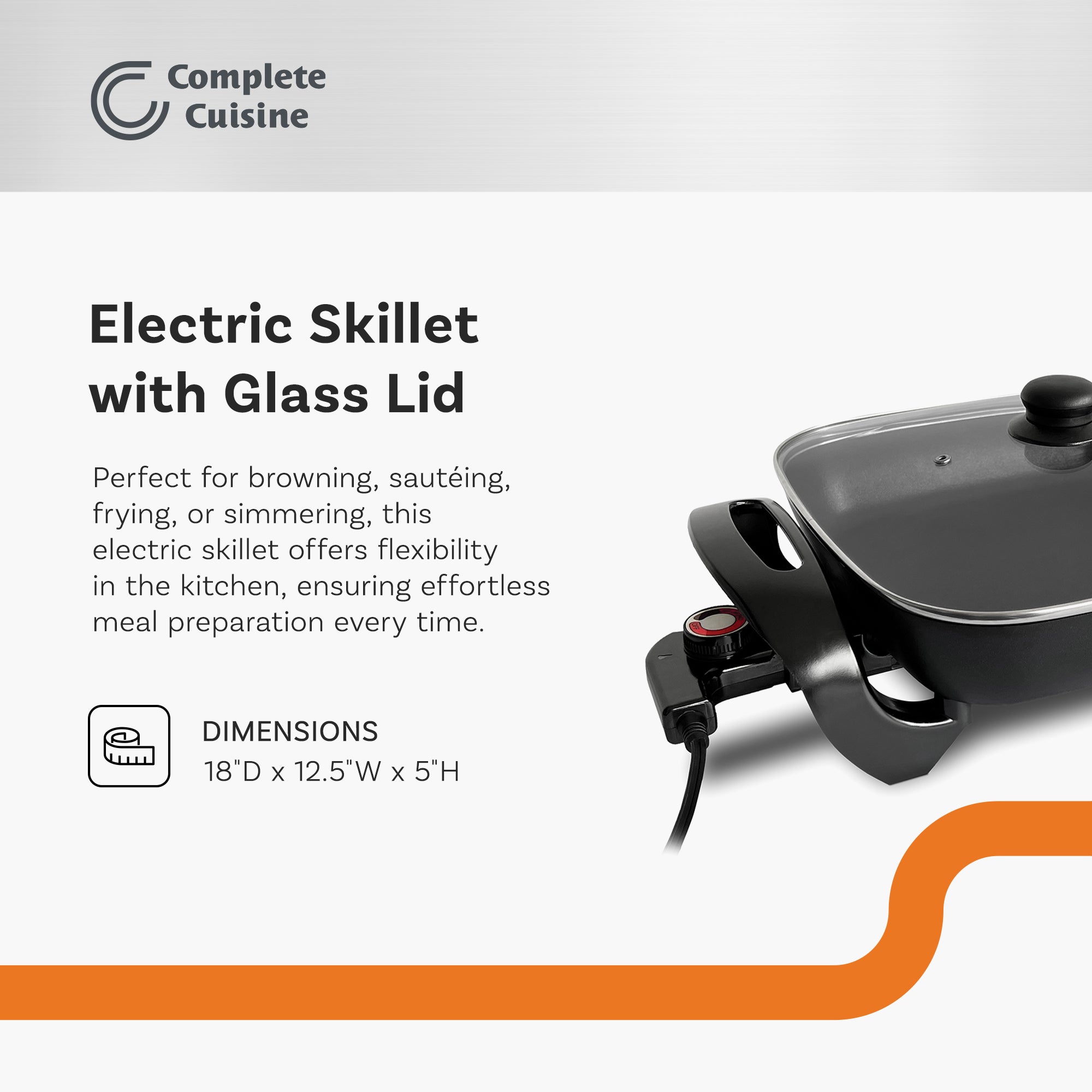 Complete Cuisine Skillet with Glass Lid and Temperature Settings, 12" (Open Box) - VMInnovations