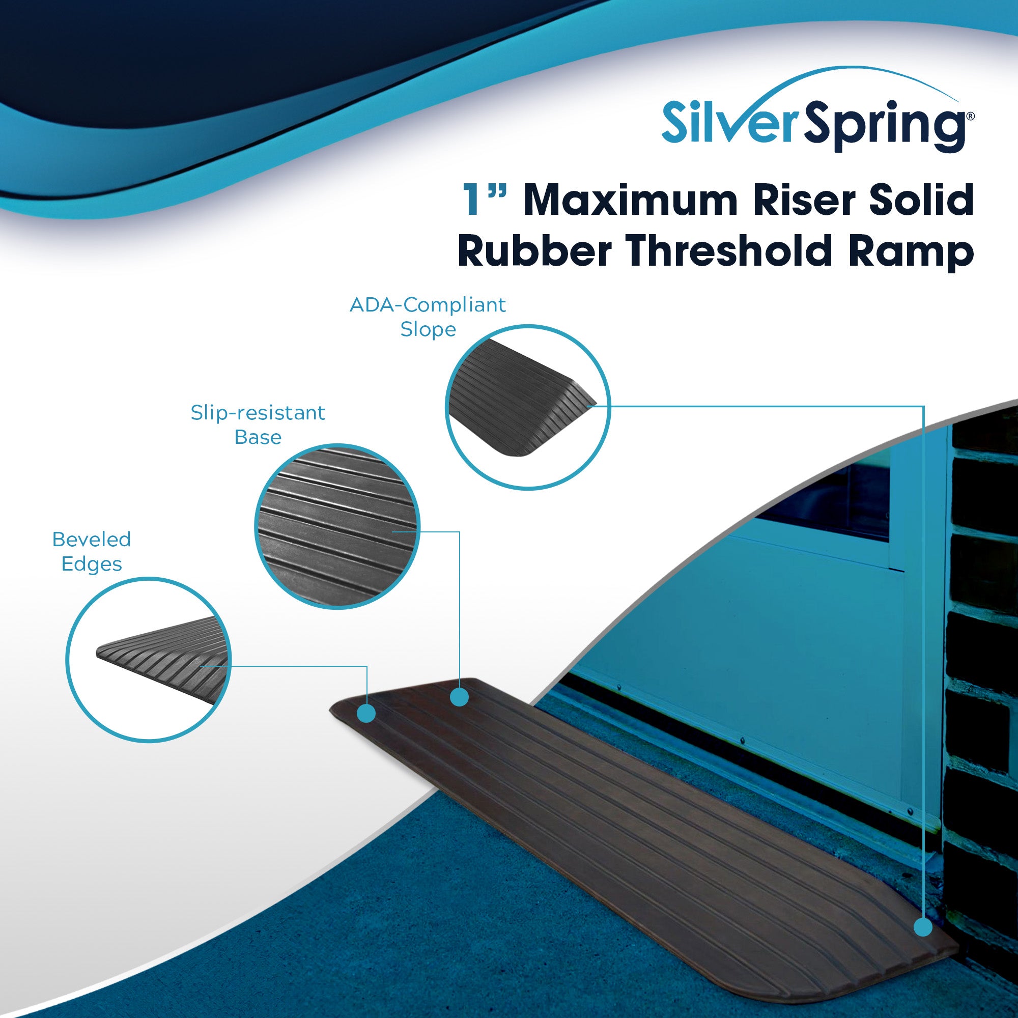 Silver Spring Rubber Threshold Ramp for Wheelchairs, Scooters & More, 1" Rise