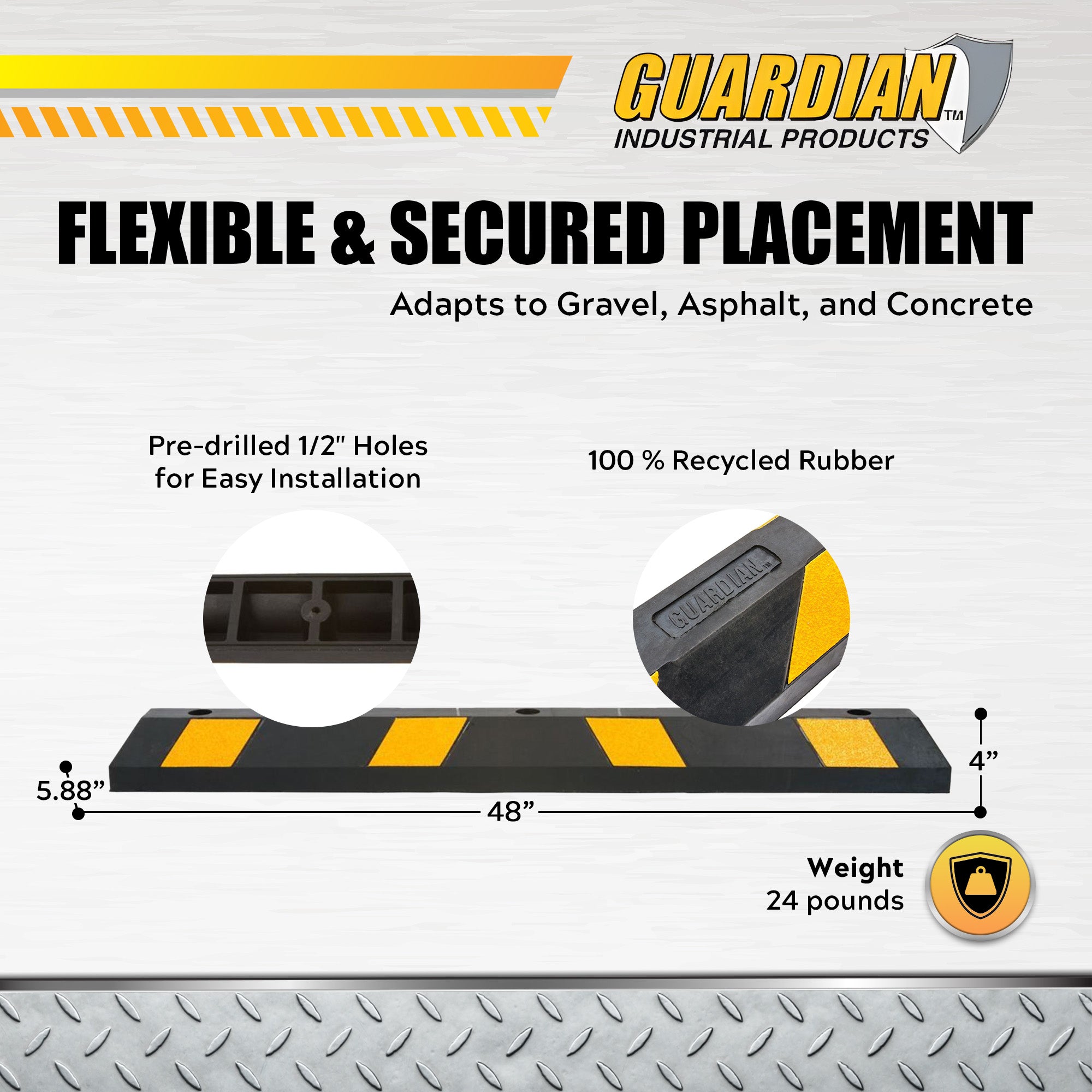 Guardian Parking Stop, 4Ft Rubber Curb w/ Mounting Holes, Black/Yellow, 10 Pack