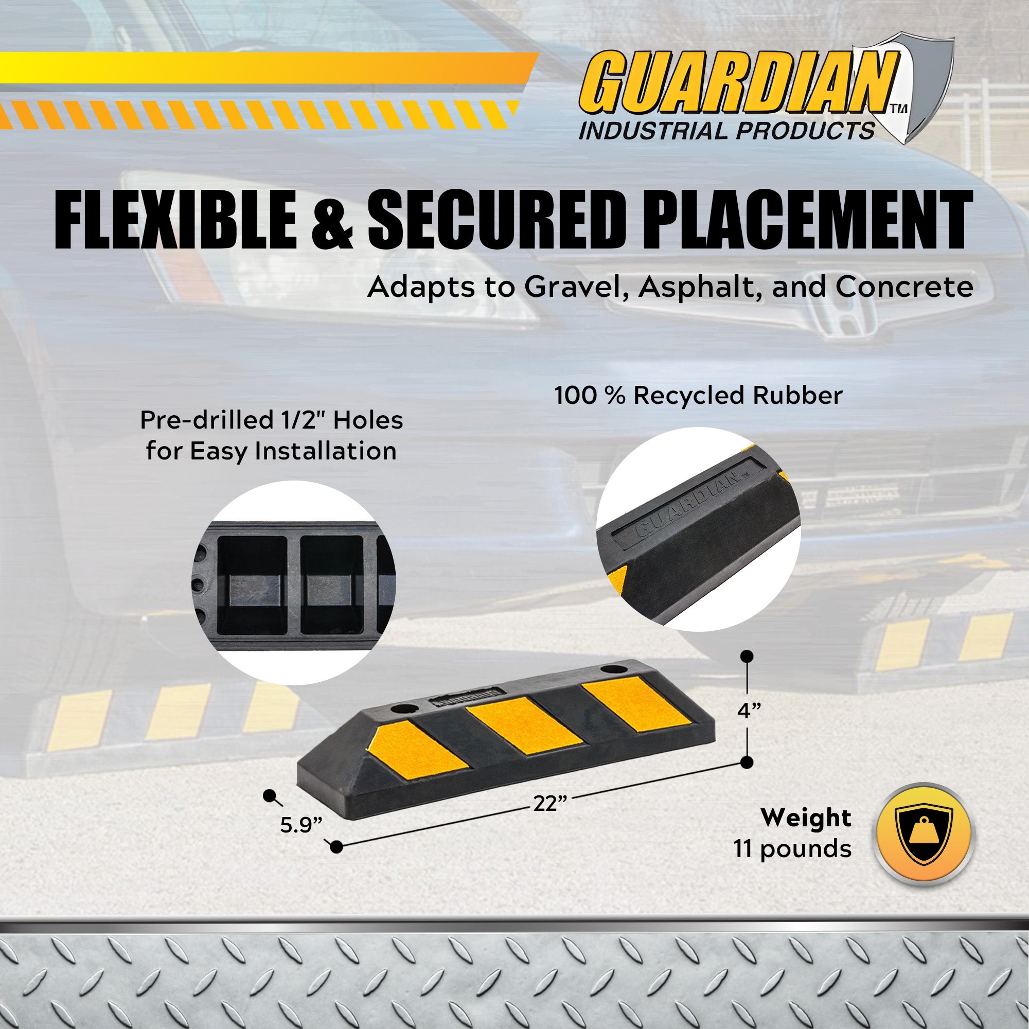 Guardian Parking Stop, 2Ft Rubber Curb w/ Mounting Holes, Black/Yellow, 10 Pack