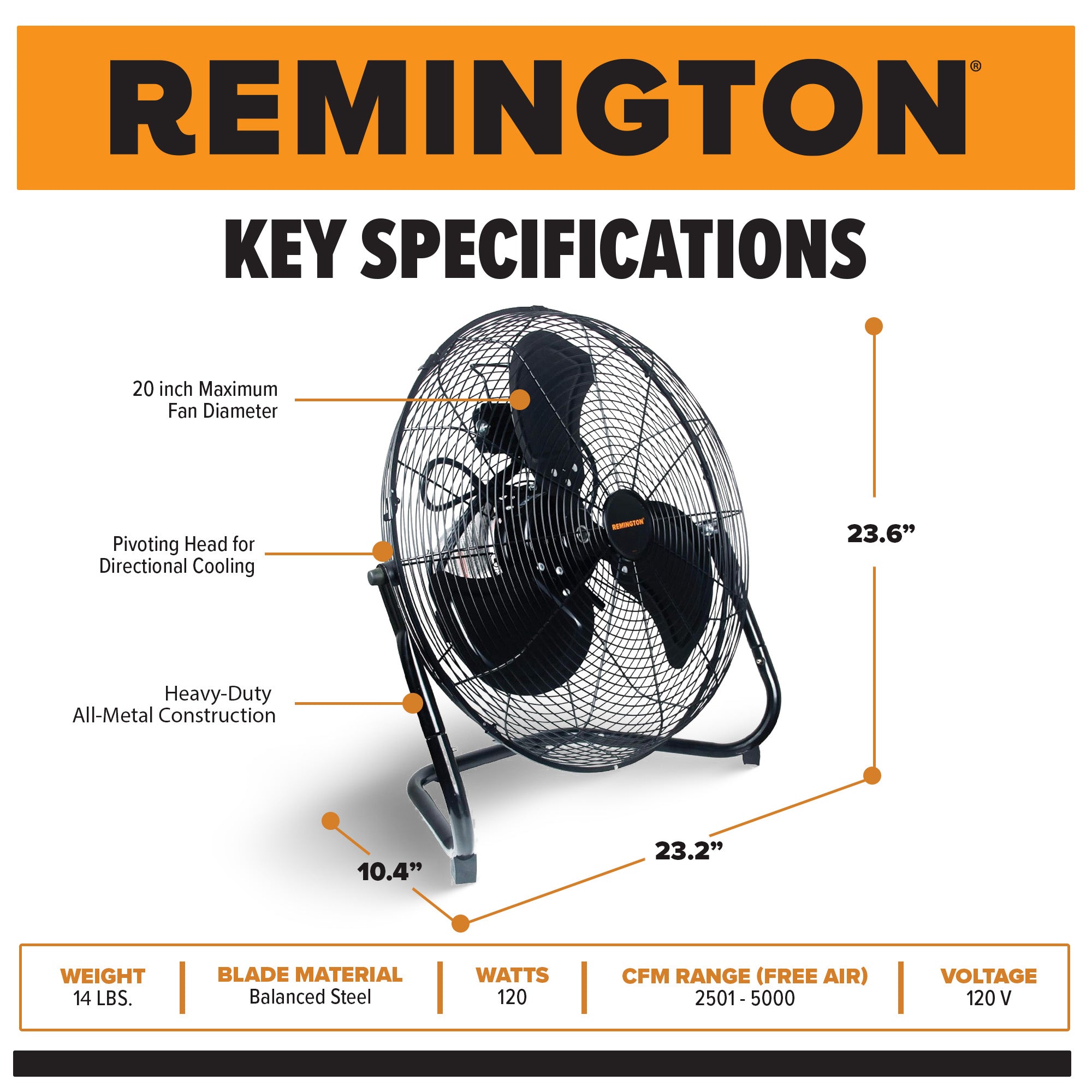 Remington 20" High Velocity Floor Fan, 3 Speed Portable Cooling Unit, Black - VMInnovations
