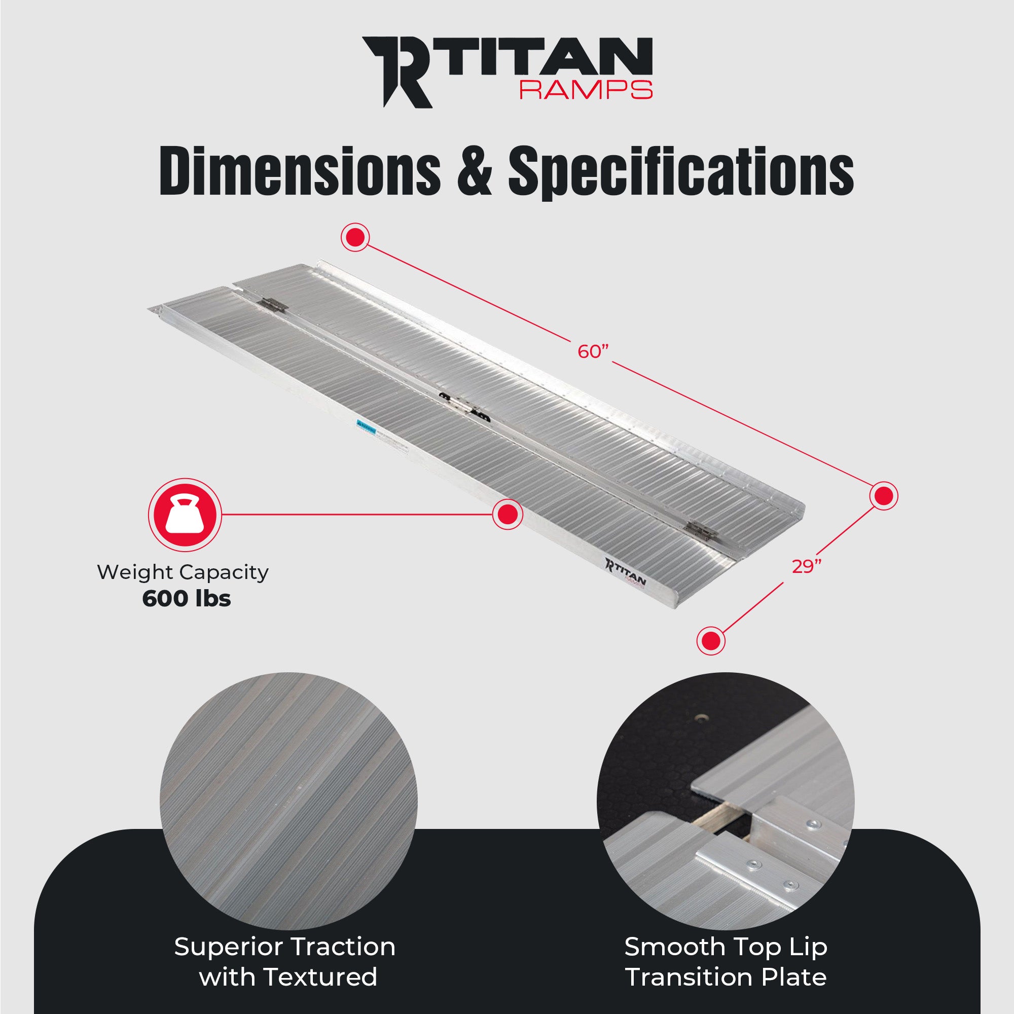 Titan Ramps 5 Foot Single-Fold Aluminum Wheelchair Ramp, 600 Pound Capacity - VMInnovations