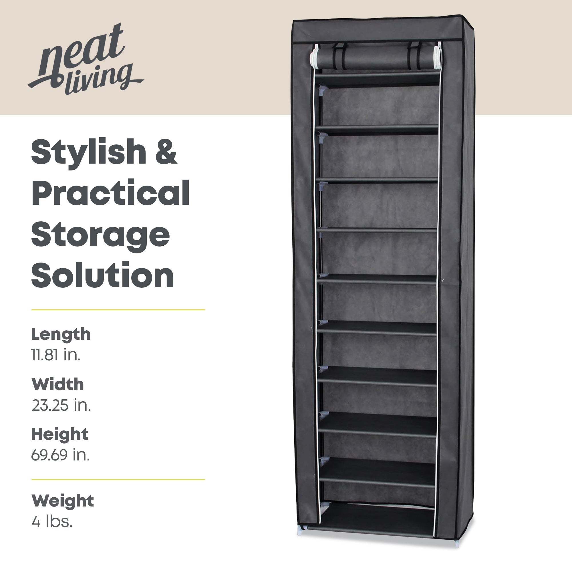 Neat Living Vertical 10 Tier Shoe Organizer Rack, Storage Shelves & Cover, Gray