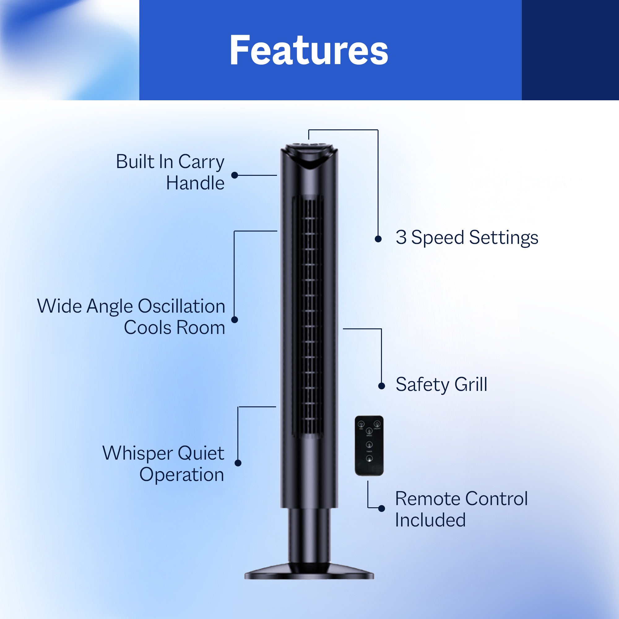Cool-Living 36-Inch Oscillating Tower Fan with 3 Speed Settings & Remote Control - VMInnovations