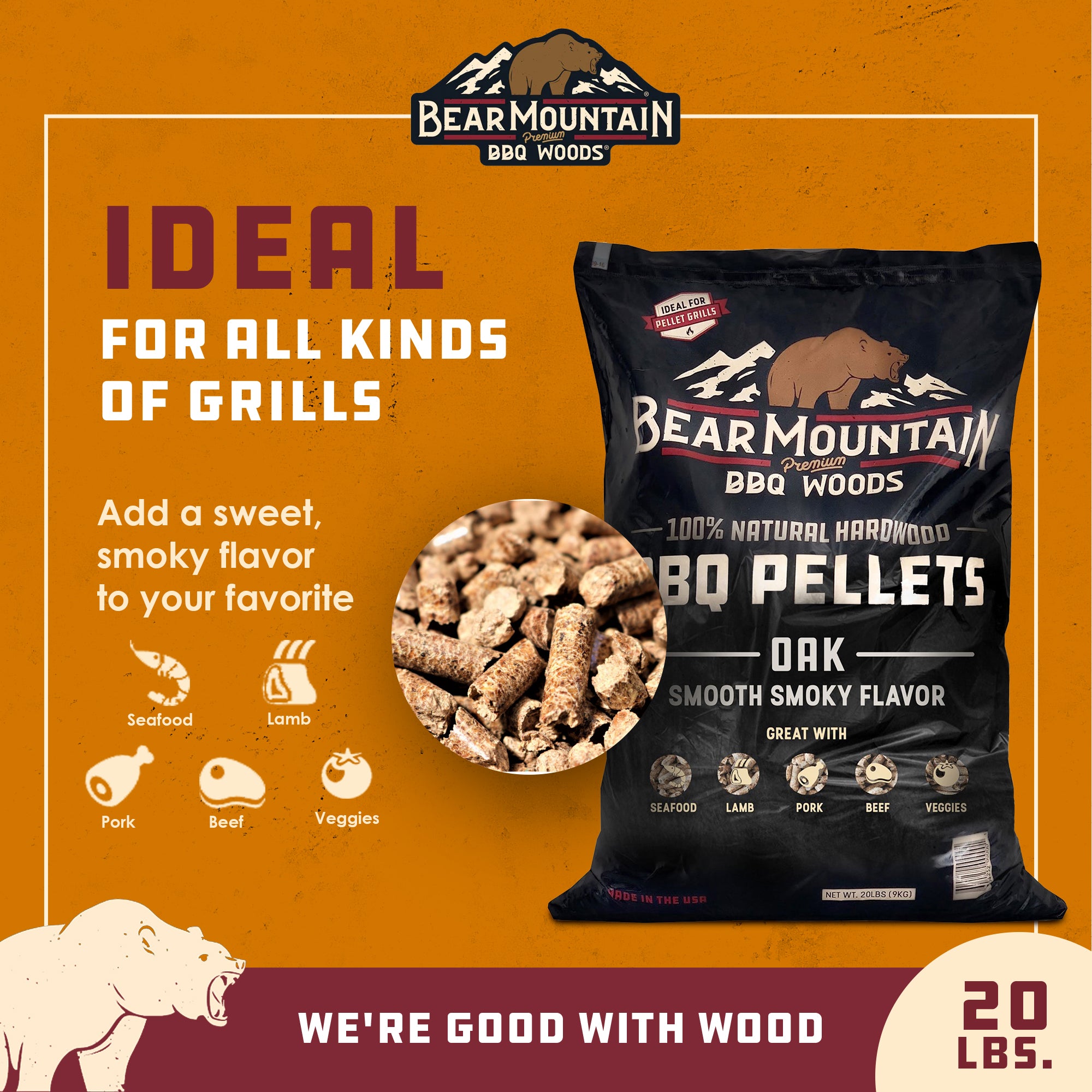 Bear Mountain BBQ Premium All-Natural Hardwood Oak BBQ Smoker Pellets, 20 lbs
