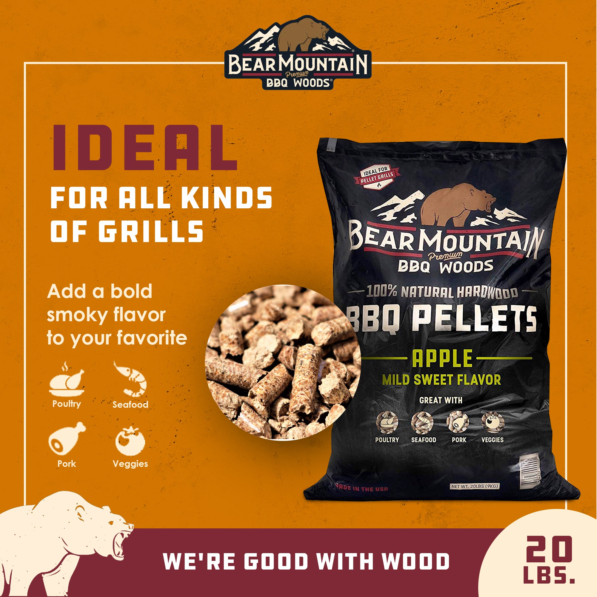 Bear Mountain BBQ Premium All-Natural Hardwood Apple Smoker Pellets, 20 Pounds - VMInnovations