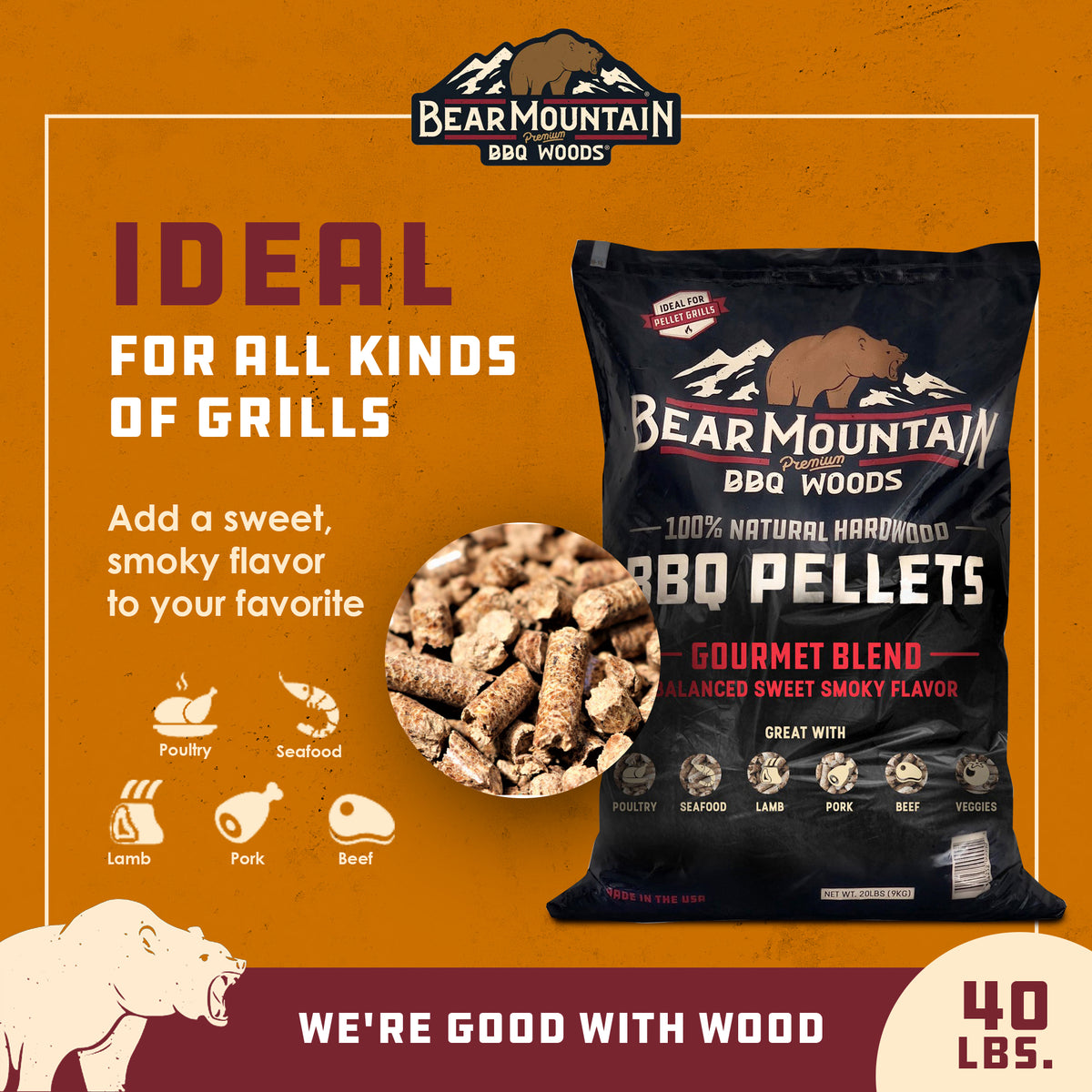 Bear Mountain BBQ FB99 All-Natural Hardwood Gourmet Blend Smoker Pellets, 40 lbs (For Parts) - VMInnovations