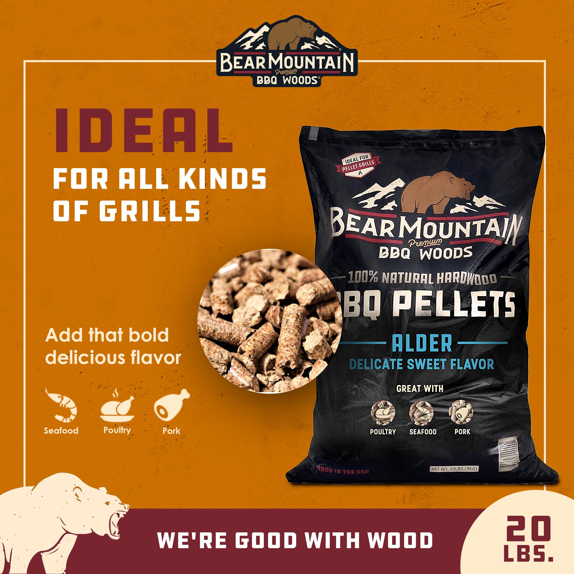 Bear Mountain BBQ 100% Natural Hardwood Alder Flavor Pellets, 20lbs (Open Box)