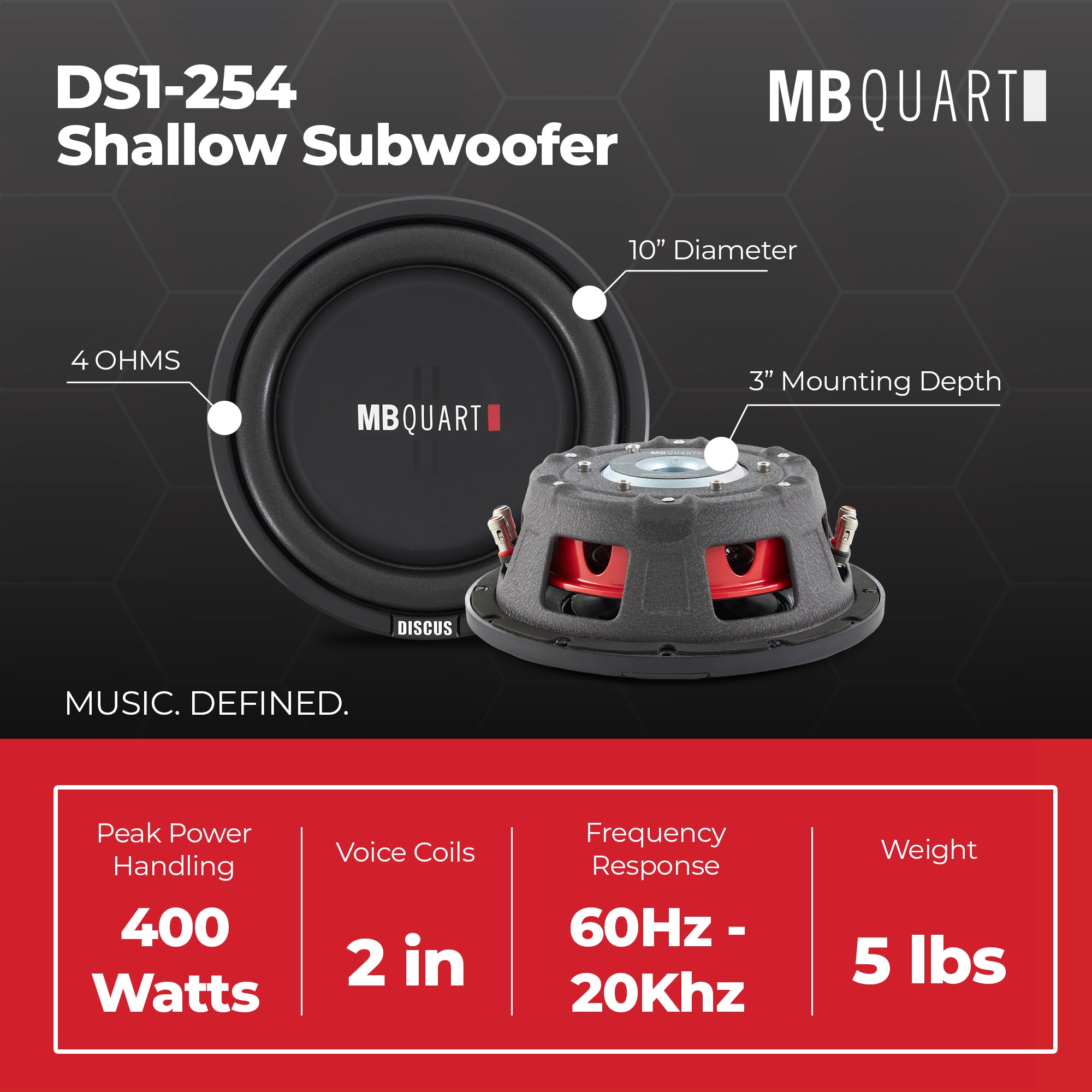 MB Quart DS1-254 200 Watt 4 Ohm 10 Inch Shallow Slim Subwoofer for Vehicles - VMInnovations