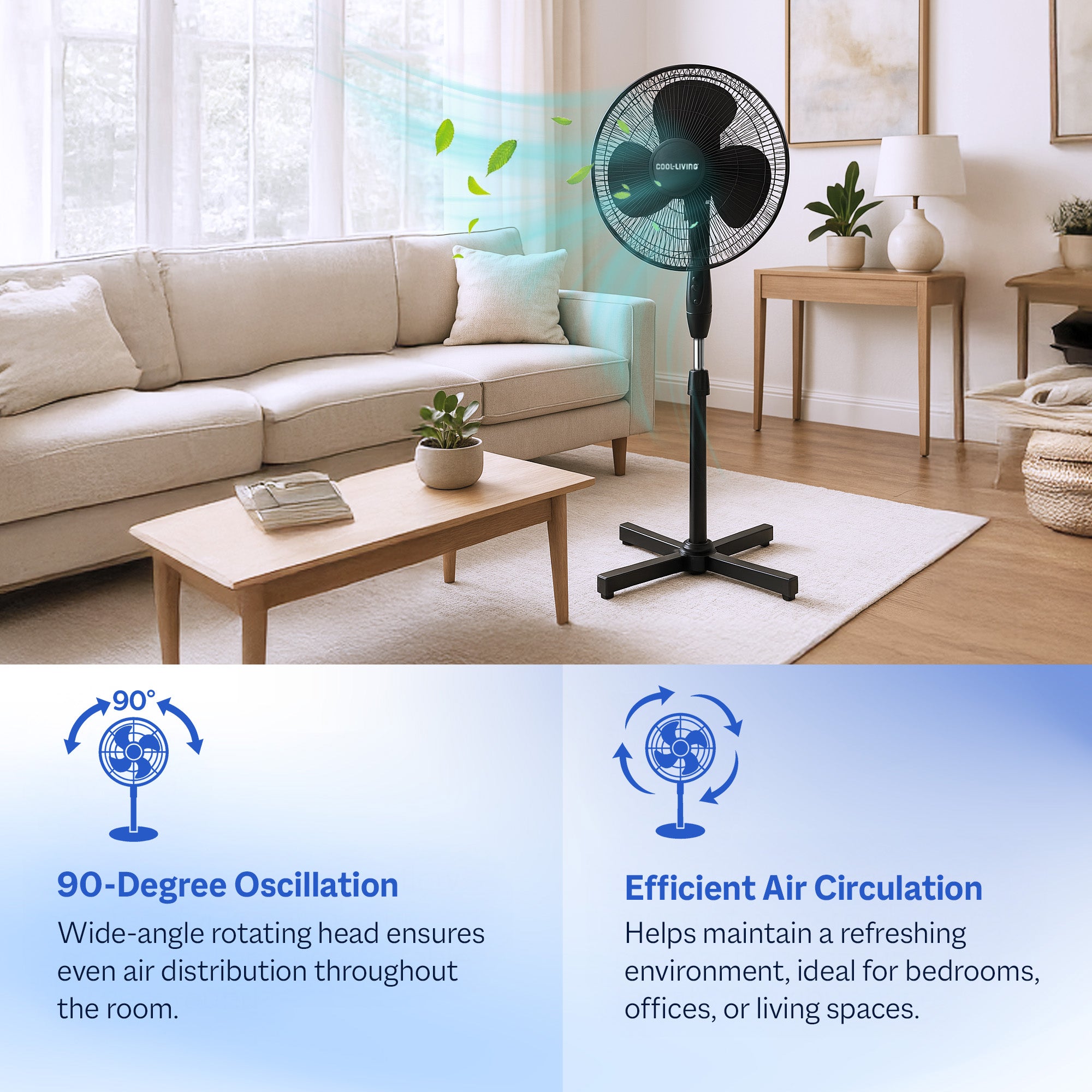 Cool-Living 16" Electric Oscillating Pedestal Fan with 3 Speed Options, Black - VMInnovations