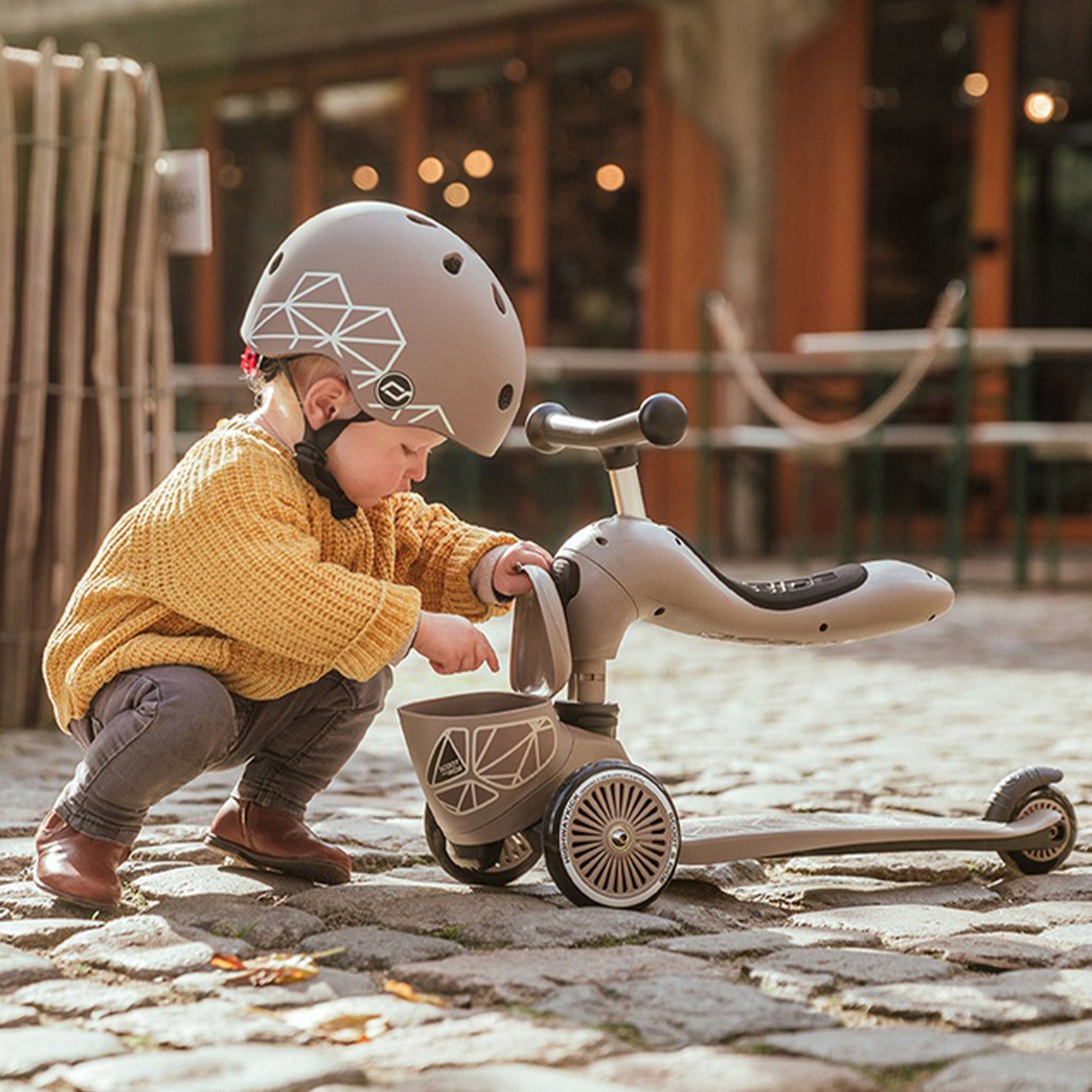 Scoot & Ride 2-in-1 Kids Scooter with Basket, Highwaykick 1 Lifestyle, Brown - VMInnovations