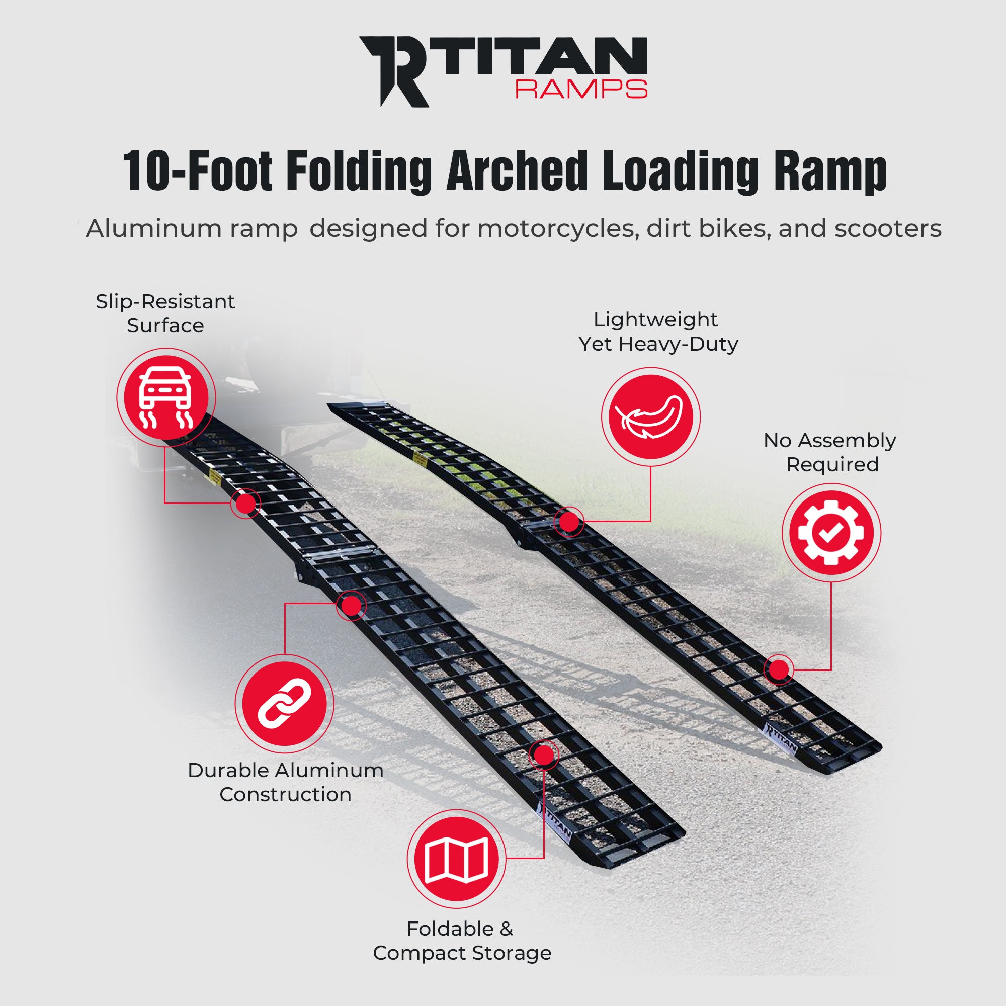 Titan Ramps 10 Ft Folding ATV Loading Ramp Arched Aluminum Design, Black, 2 Pack